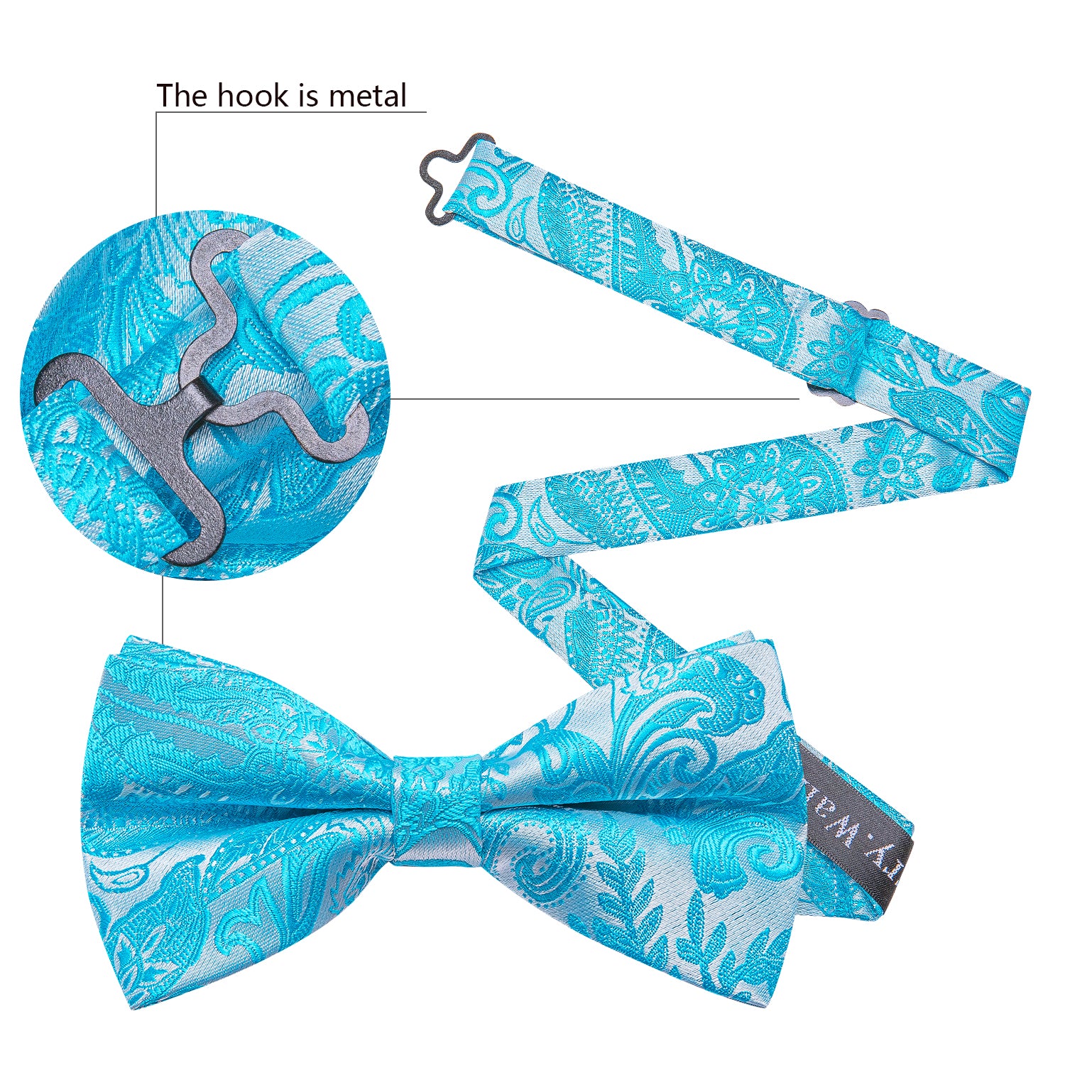 Blue Silver Paisley Pre-tied Bow Tie Hanky Cufflinks Set