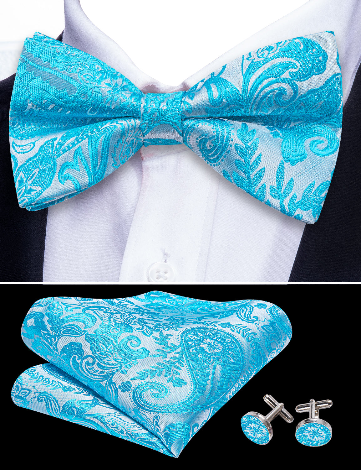 Blue Silver Paisley Pre-tied Bow Tie Hanky Cufflinks Set