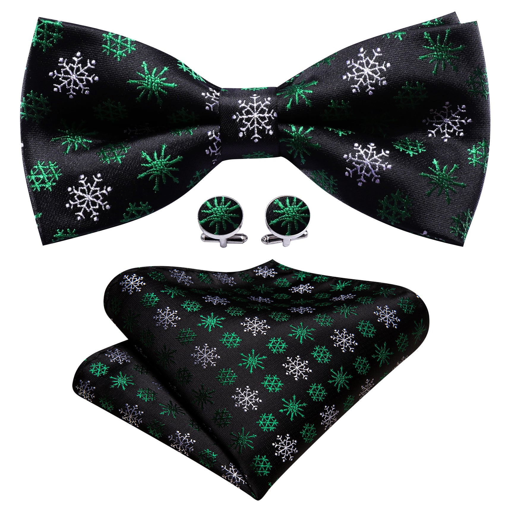 Christmas Black White Snowflake Silk Pre Tied Bow Tie Set