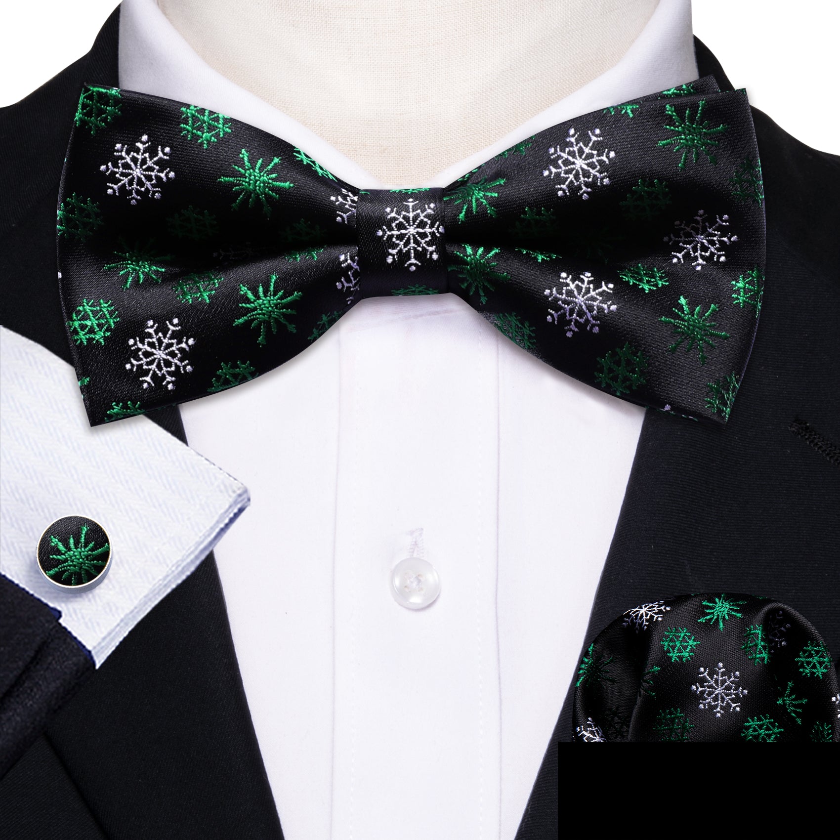 Christmas Black White Snowflake Silk Pre Tied Bow Tie Set