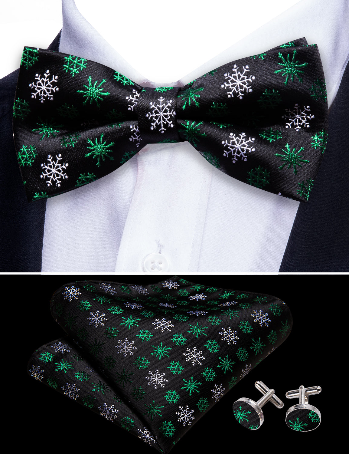 Christmas Black White Snowflake Silk Pre Tied Bow Tie Set