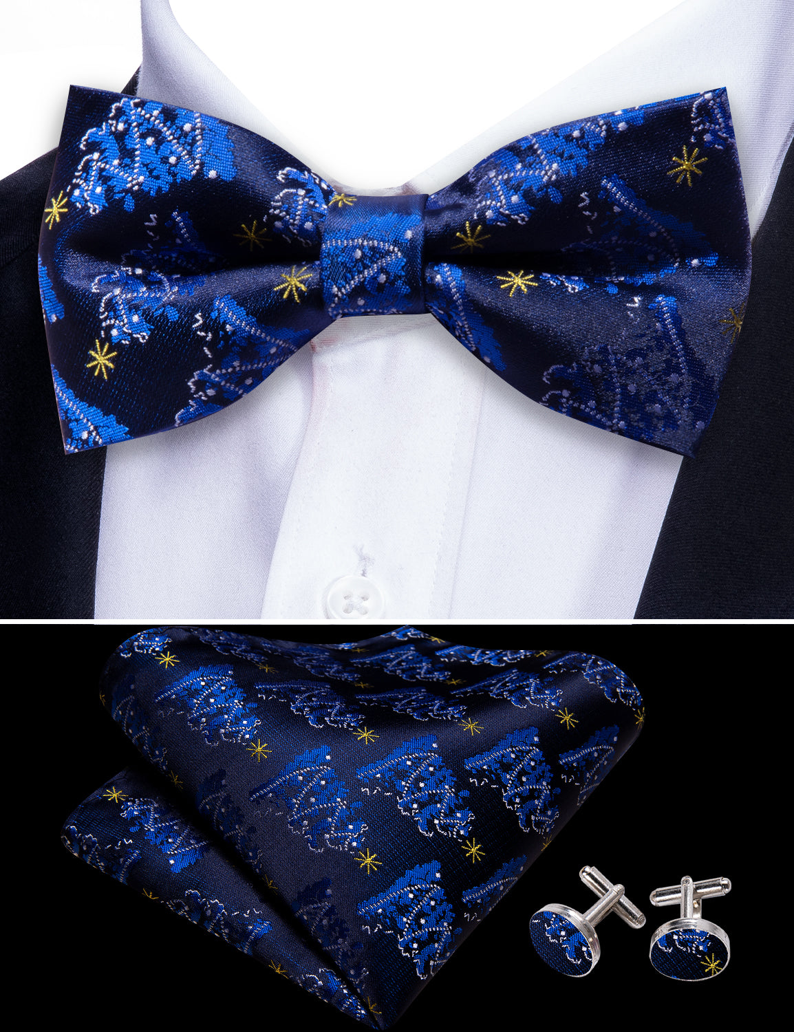 Barry Wang Christmas Blue White Xmas Tree Pre Tied Bow Tie Hanky Cufflinks Set