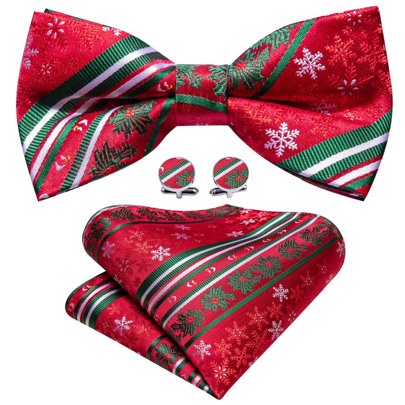 Christmas Red Green Xmas Pattern Pre Tied Bow Tie Hanky Cufflinks Set