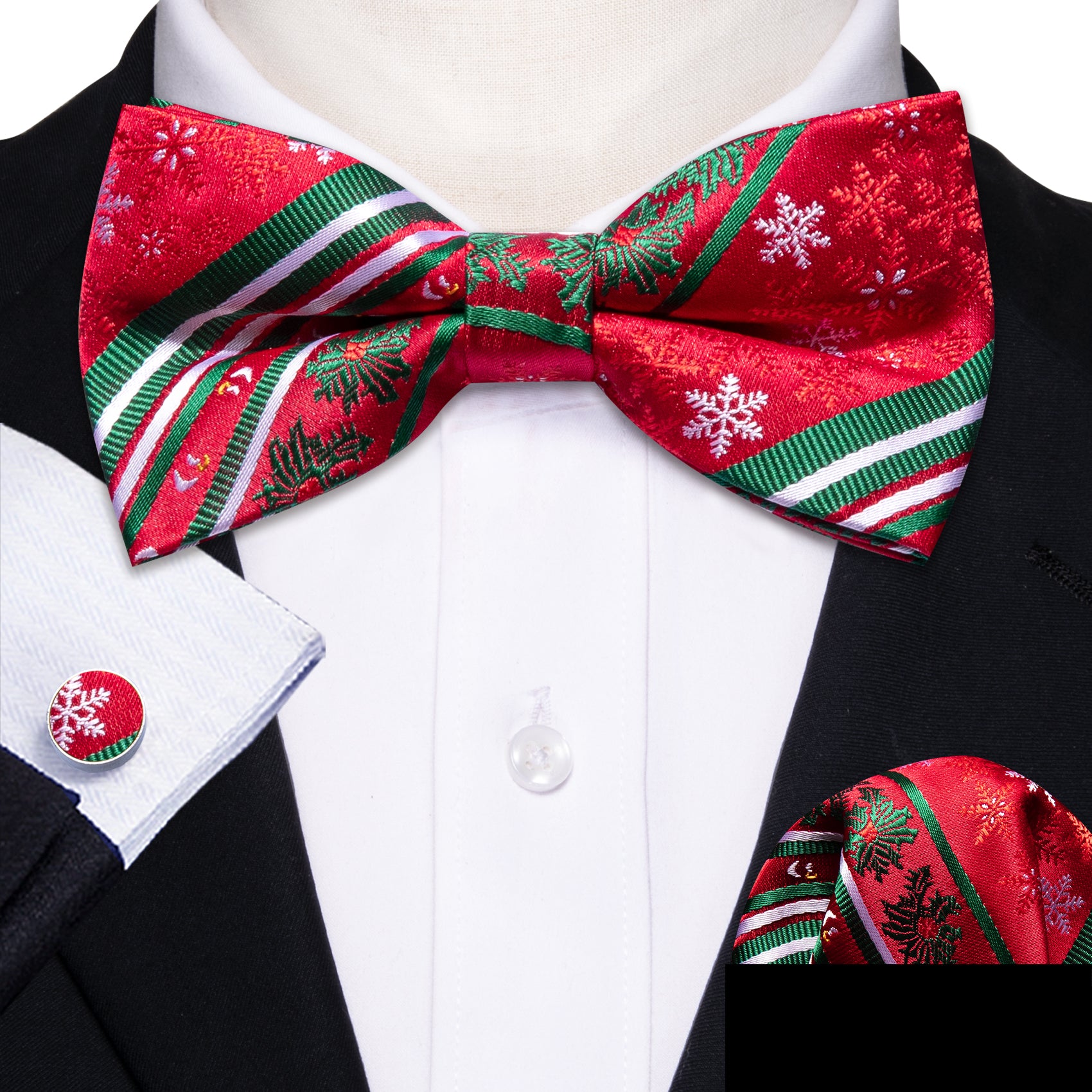 Christmas Red Green Xmas Pattern Pre Tied Bow Tie Hanky Cufflinks Set