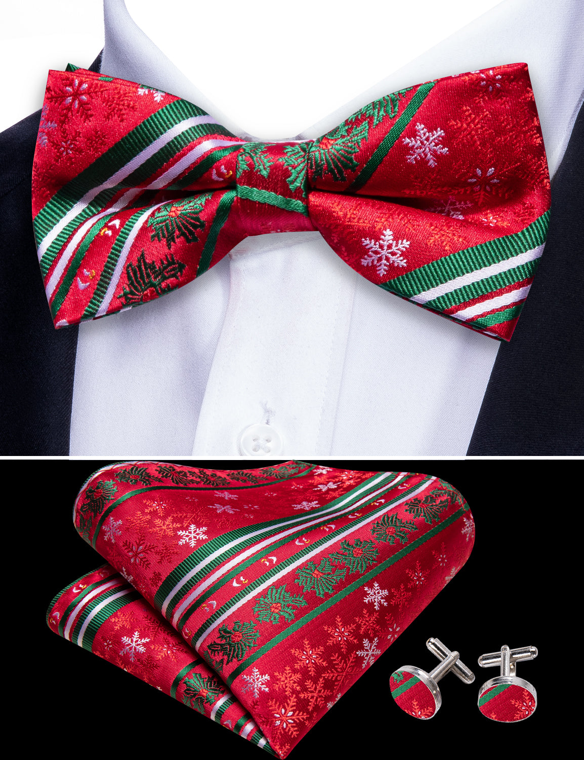 Christmas Red Green Xmas Pattern Pre Tied Bow Tie Hanky Cufflinks Set