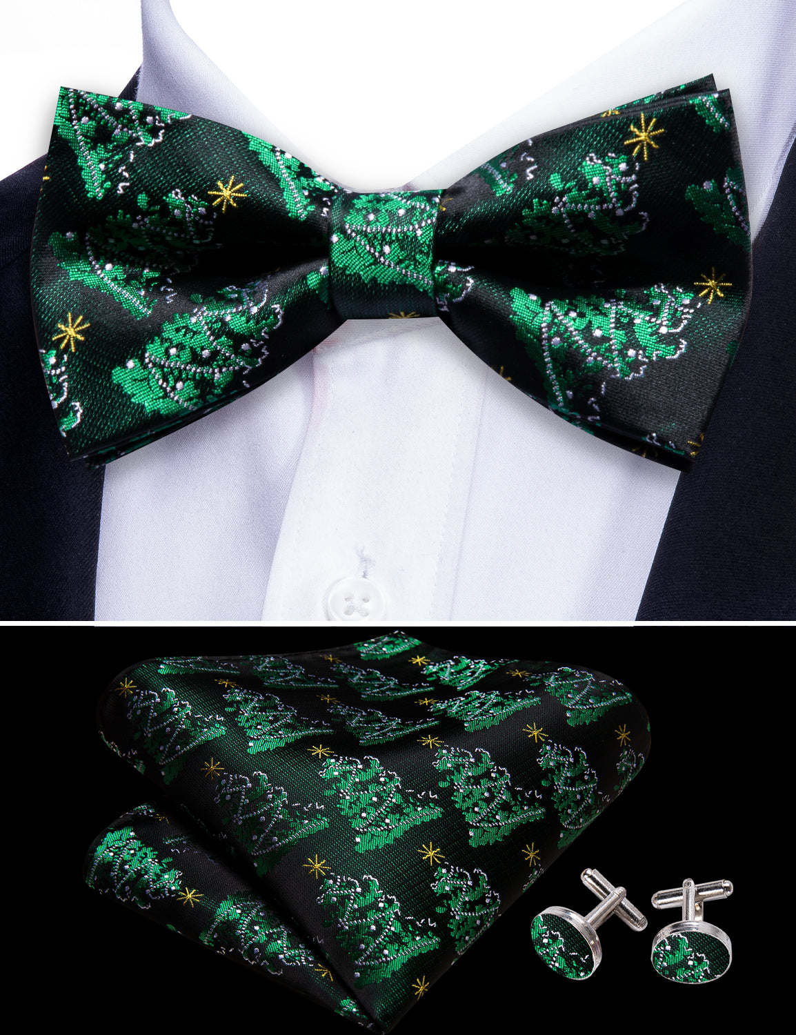 Christmas Green Xmas Tree Pre Tied Bow Tie Hanky Cufflinks Set