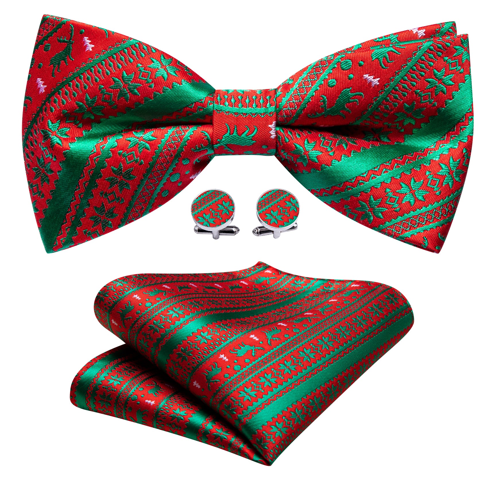 Christmas Red Green Elk Pre Tied Bow Tie Hanky Cufflinks Set