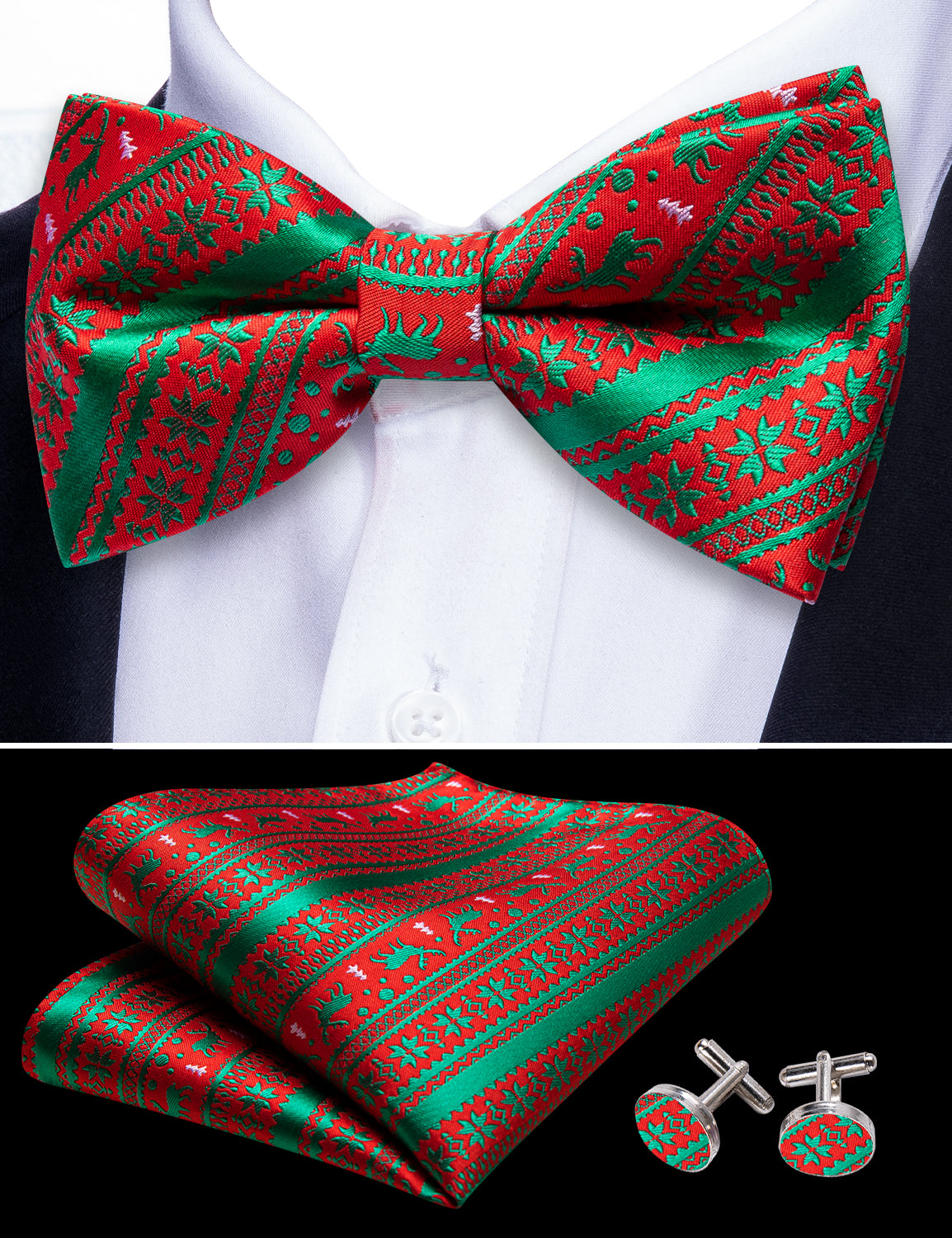 Christmas Red Green Elk Pre Tied Bow Tie Hanky Cufflinks Set