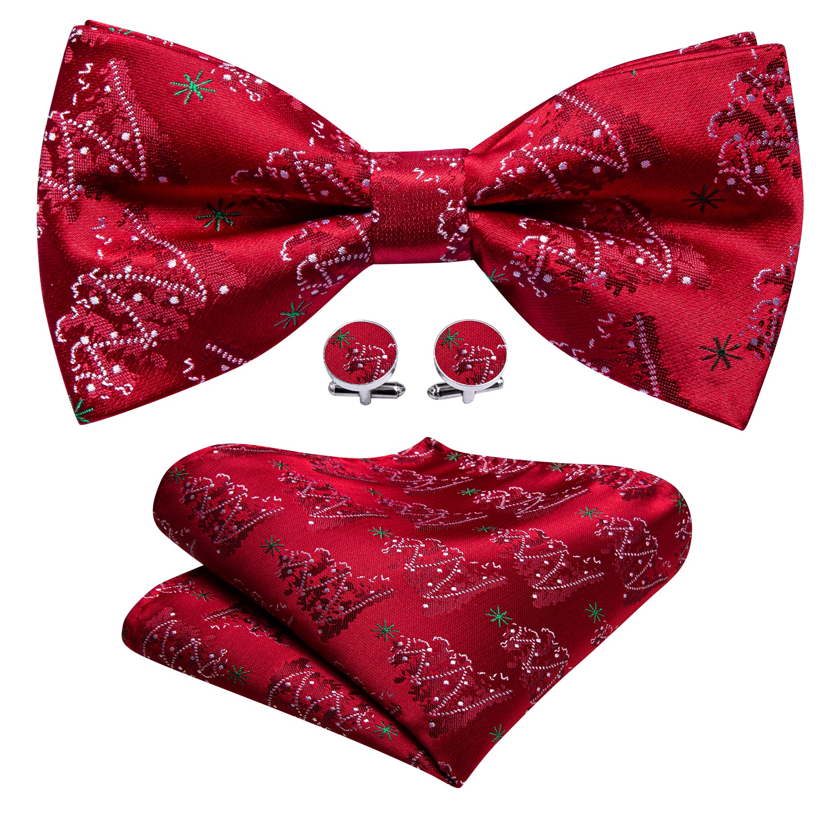 Christmas Red White Xmas Tree Pre Tied Bow Tie Hanky Cufflinks Set