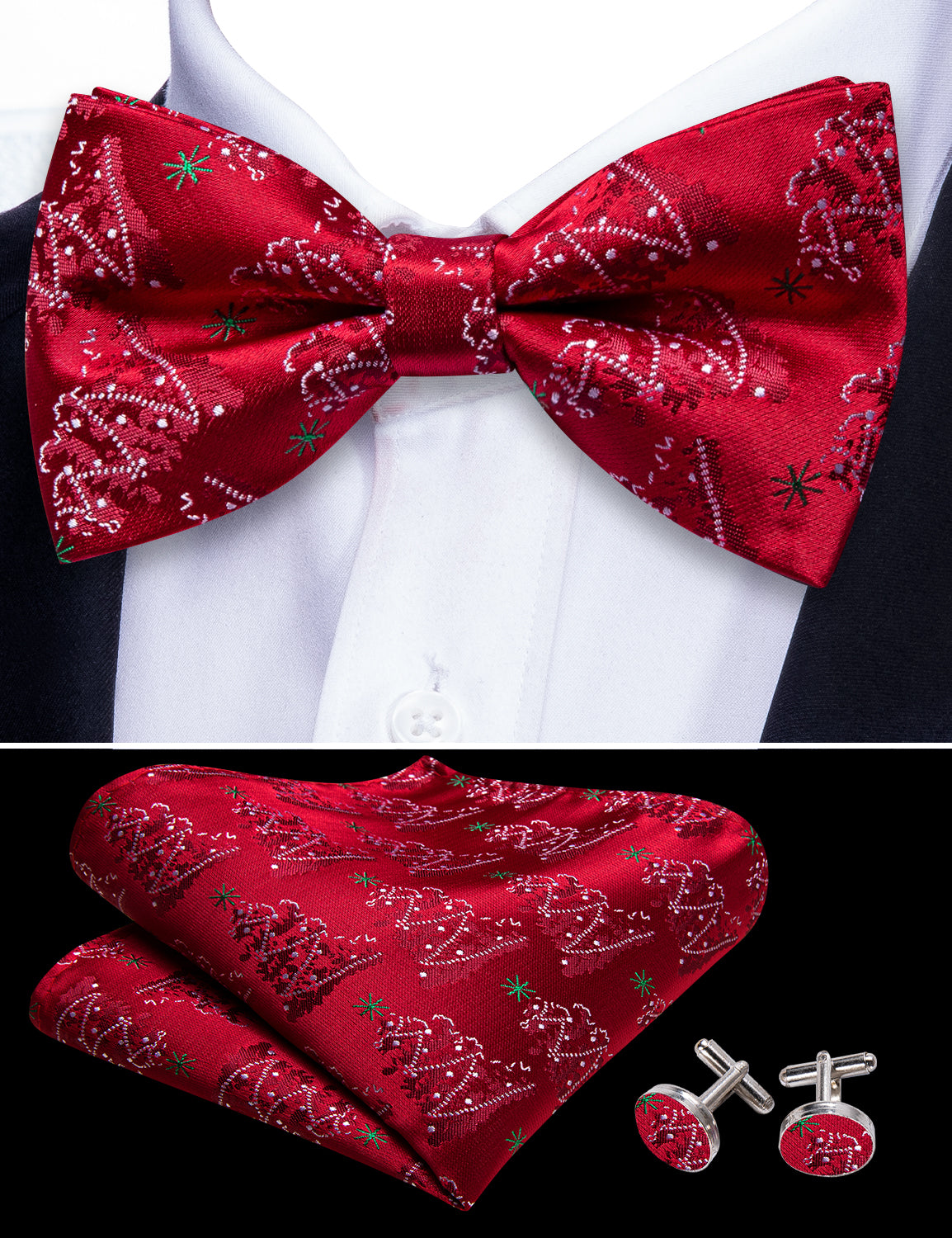 Christmas Red White Xmas Tree Pre Tied Bow Tie Hanky Cufflinks Set