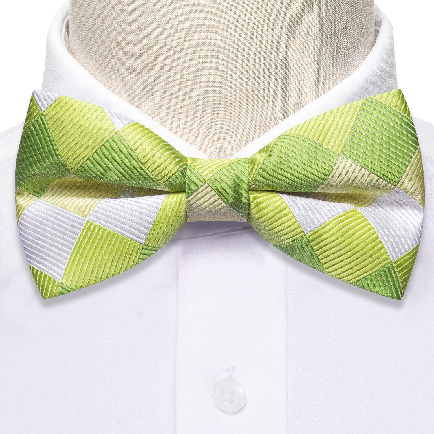 Green White Plaid Silk Pre Tied Bow Tie Hanky Cufflinks Set