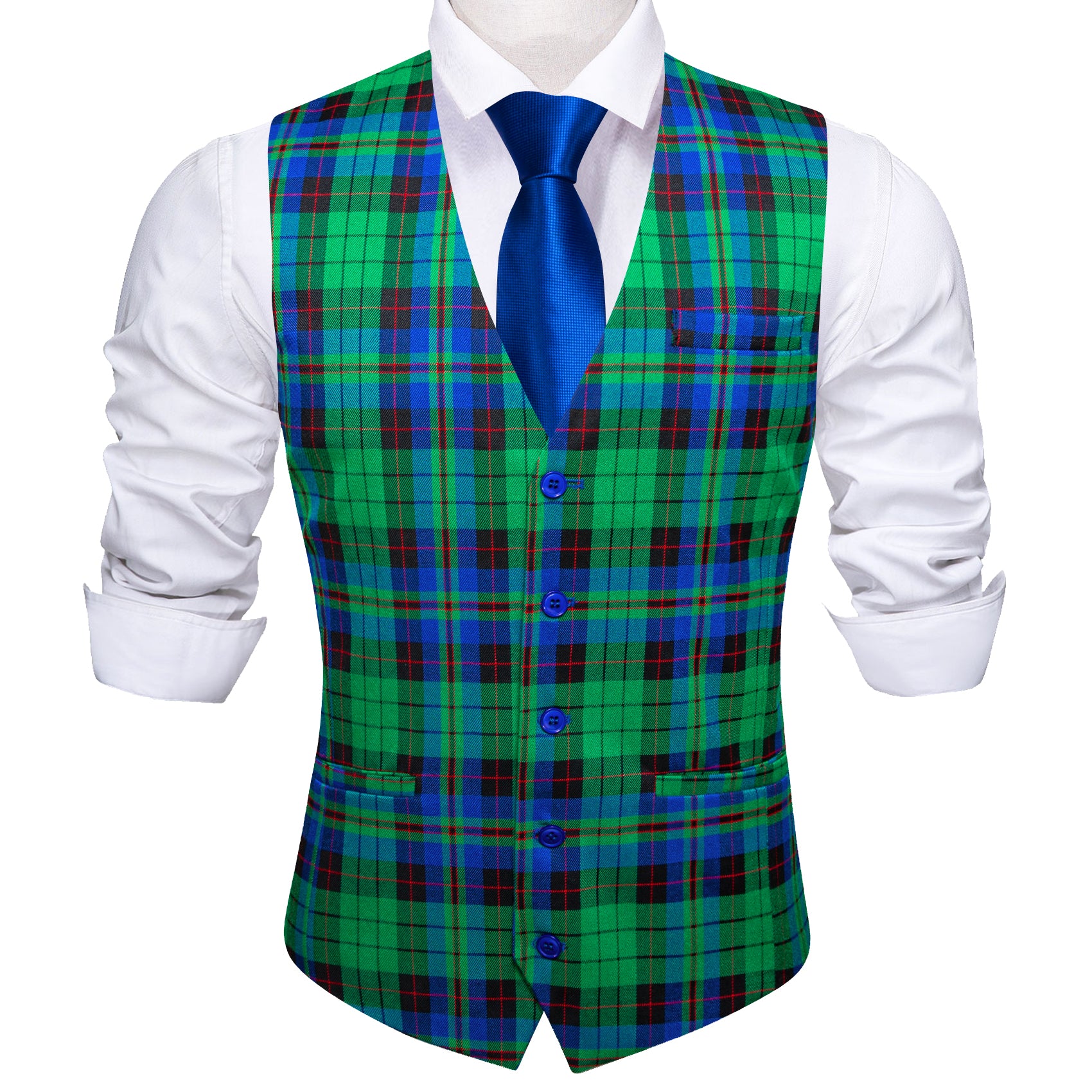 green plaid Veat with white long sleeve dress shirt