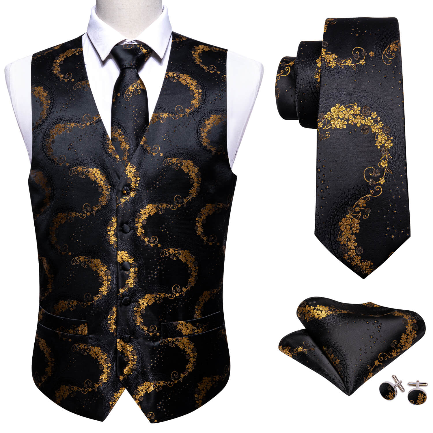 Men's Red Paisley Silk Tie Waistcoat Vest Hanky Cufflinks Set