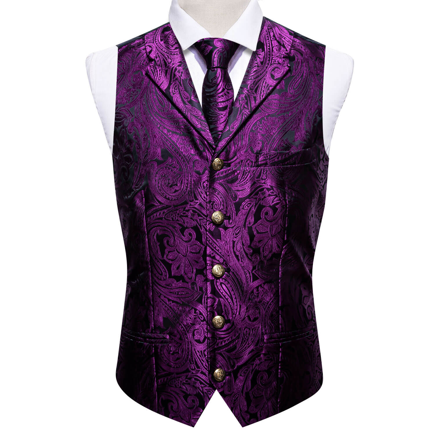 Men's Red Paisley Silk Tie Waistcoat Vest Hanky Cufflinks Set