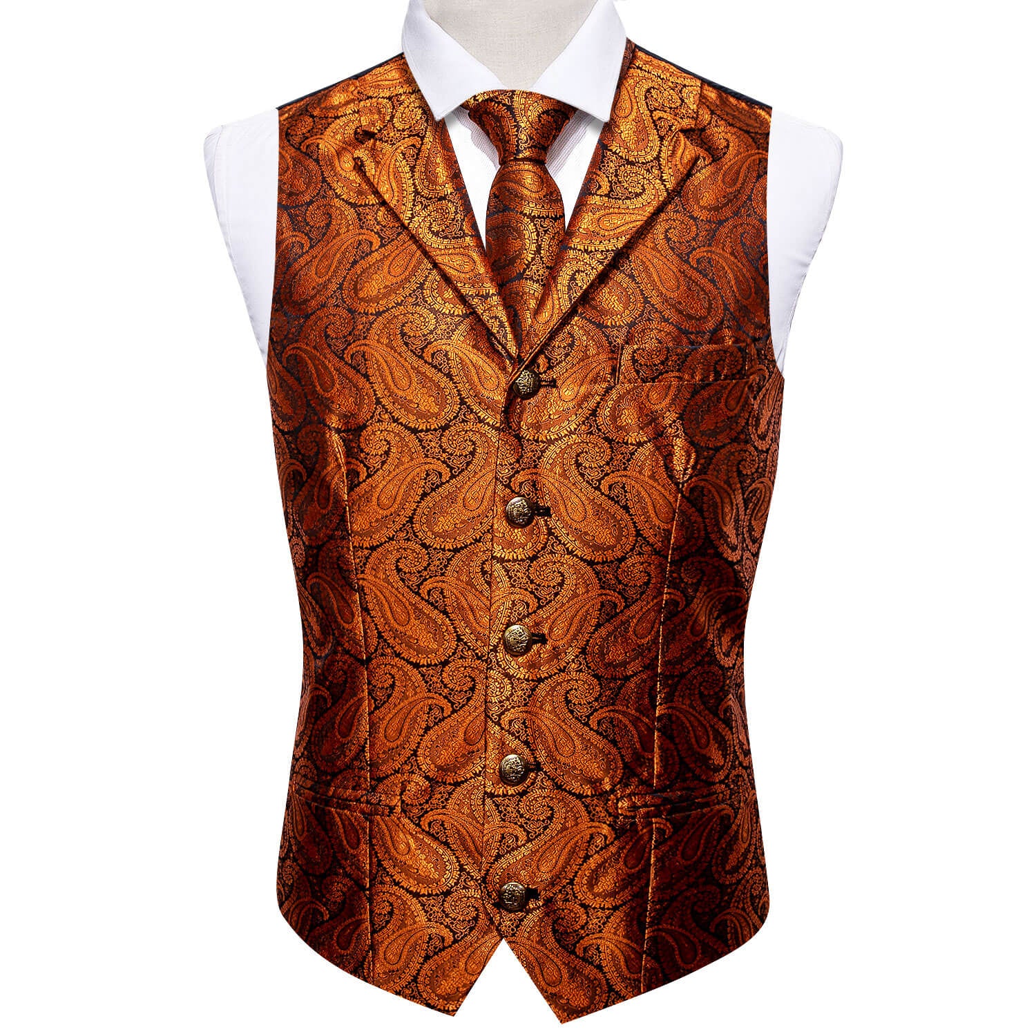 Men's Red Paisley Silk Tie Waistcoat Vest Hanky Cufflinks Set