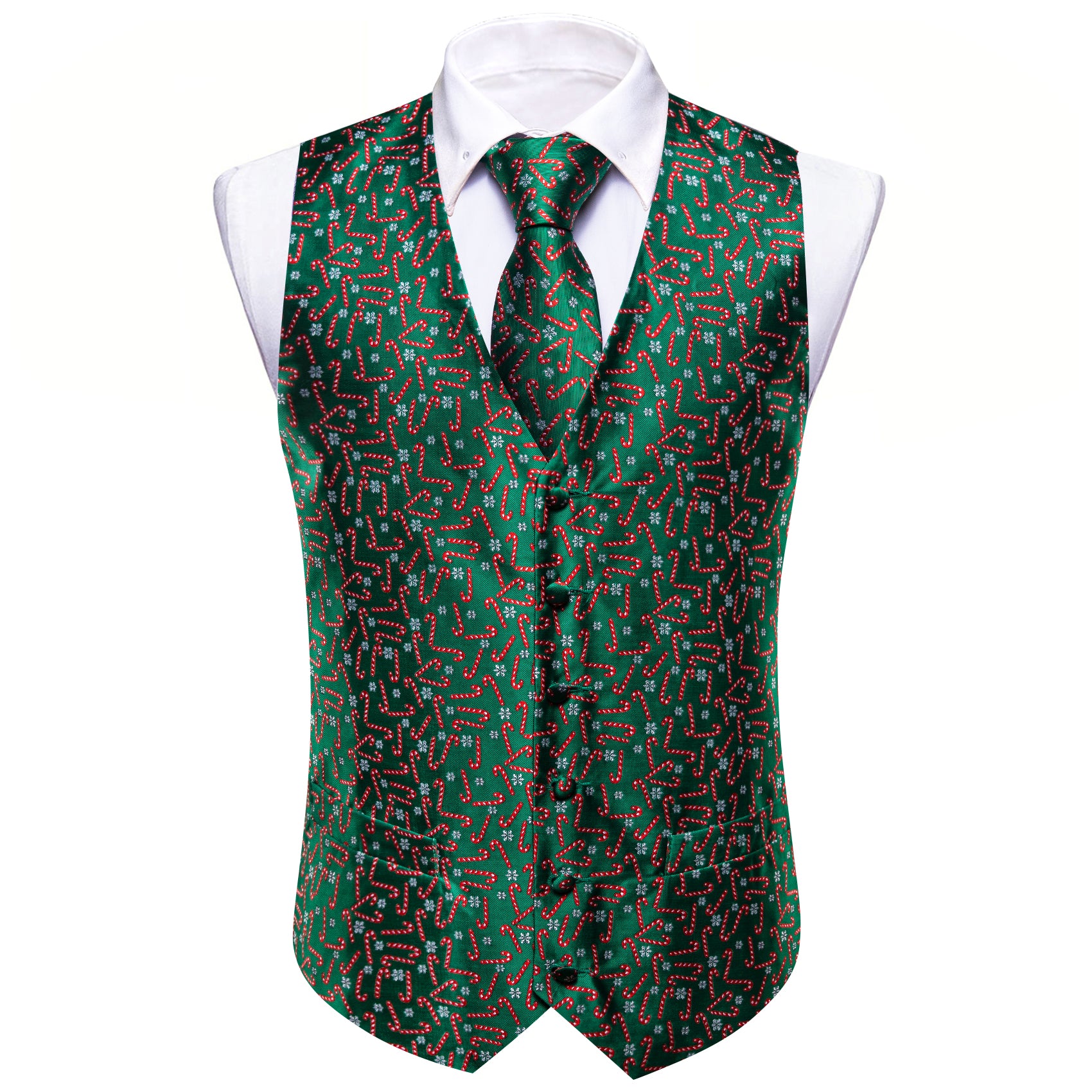 Christmas Green Red Crutch Silk Tie Waistcoat Vest Hanky Cufflinks Set