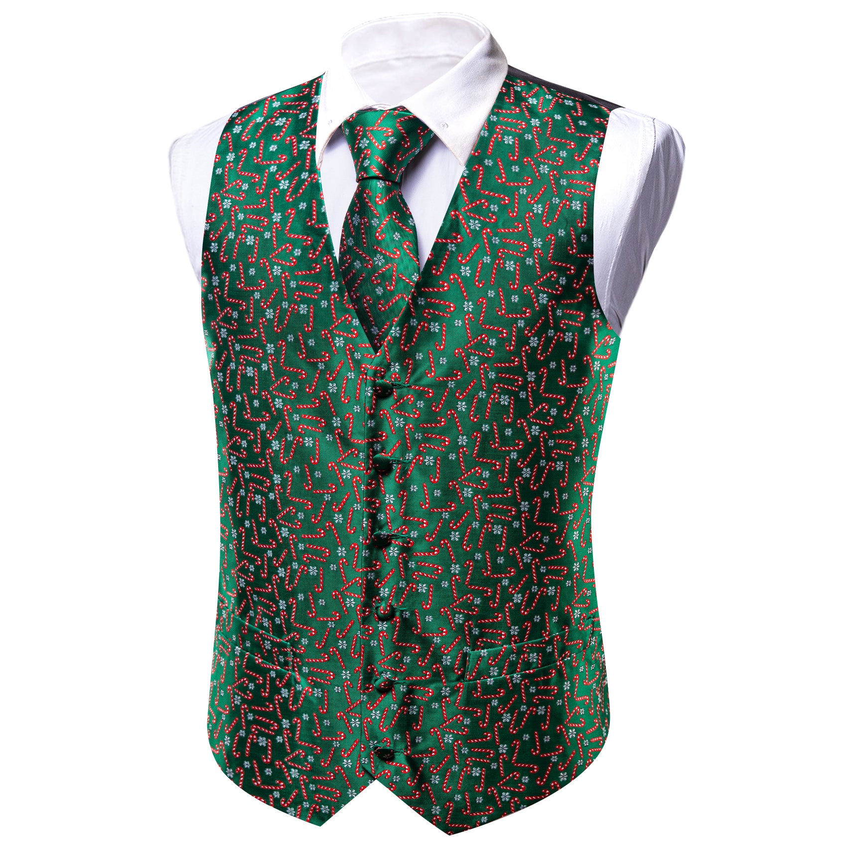 Christmas Green Red Crutch Silk Tie Waistcoat Vest Hanky Cufflinks Set