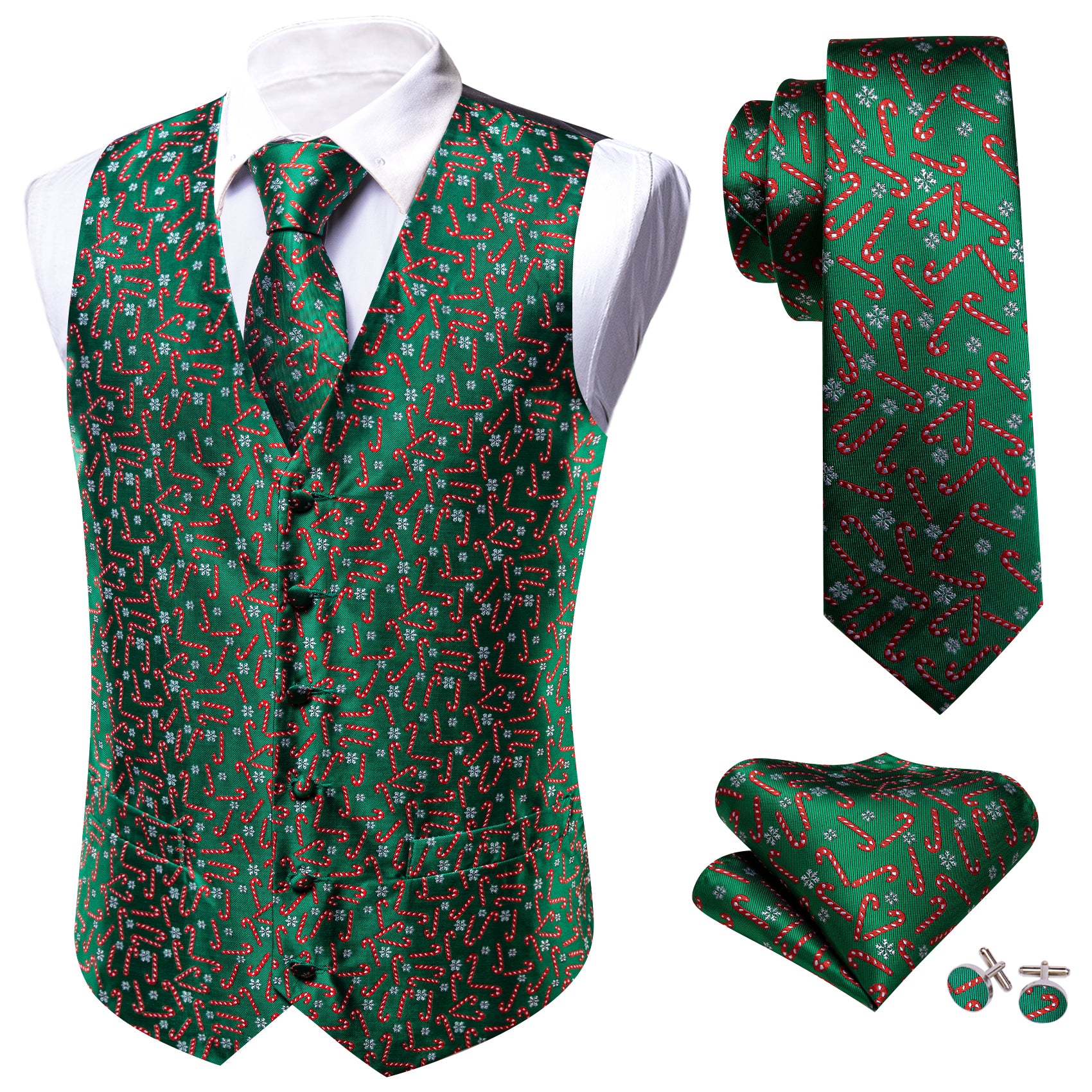 Christmas Green Red Crutch Silk Tie Waistcoat Vest Hanky Cufflinks Set