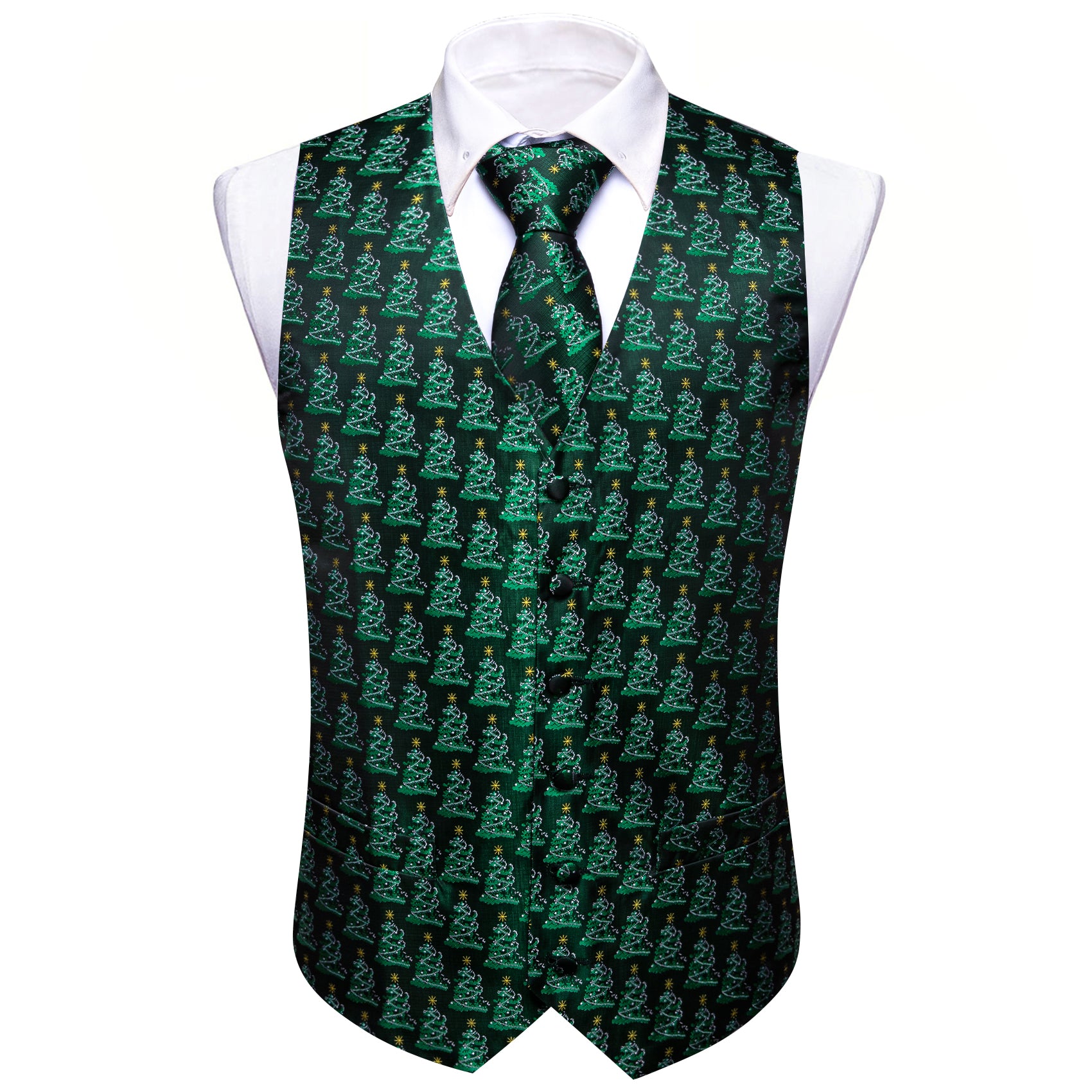 Christmas Green Tree Silk Tie Waistcoat Vest Hanky Cufflinks Set