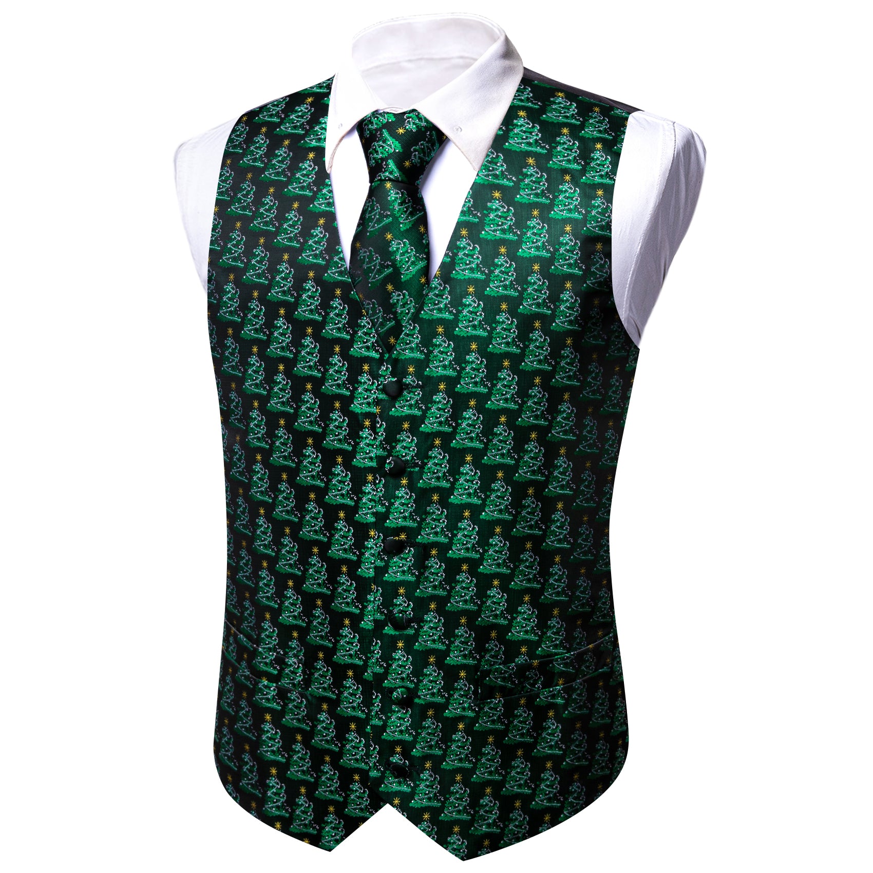 Christmas Green Tree Silk Tie Waistcoat Vest Hanky Cufflinks Set