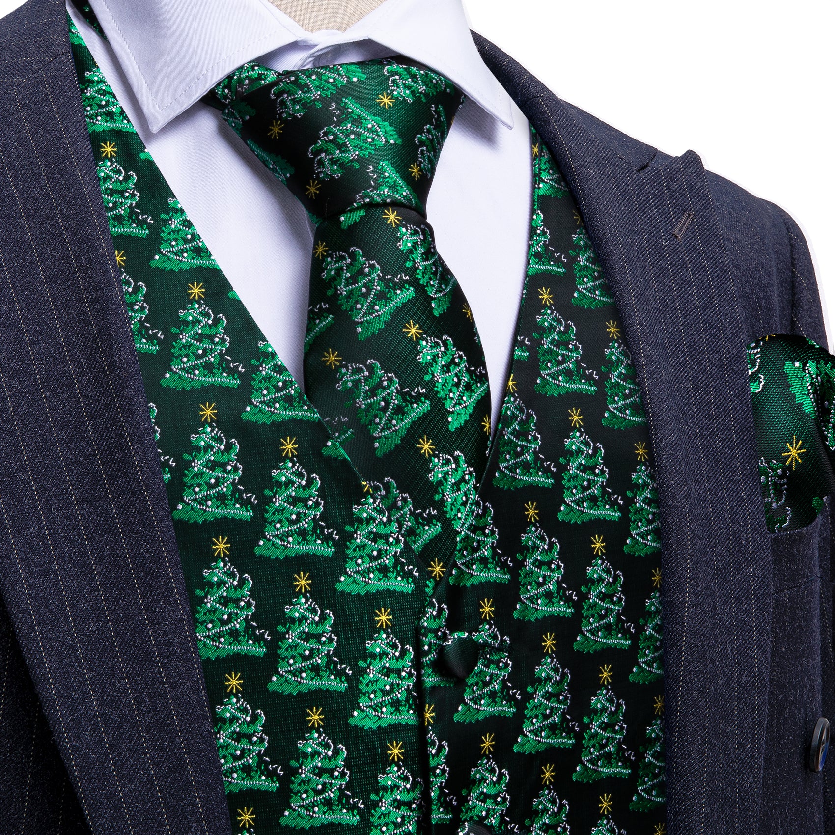 Christmas Green Tree Silk Tie Waistcoat Vest Hanky Cufflinks Set