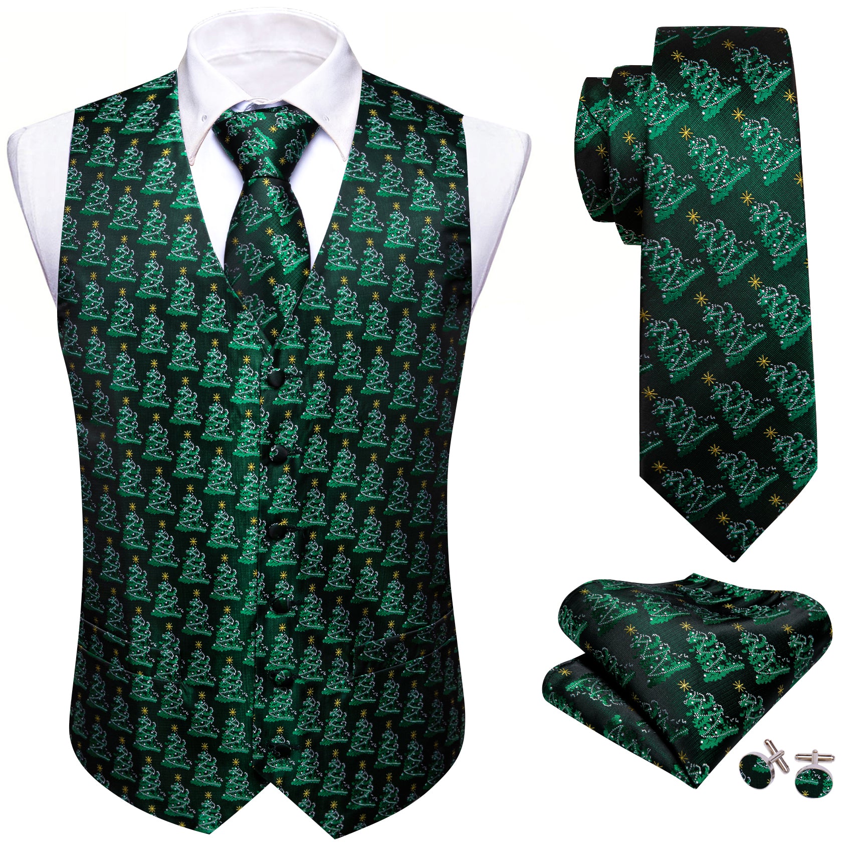 Christmas Green Tree Silk Tie Waistcoat Vest Hanky Cufflinks Set