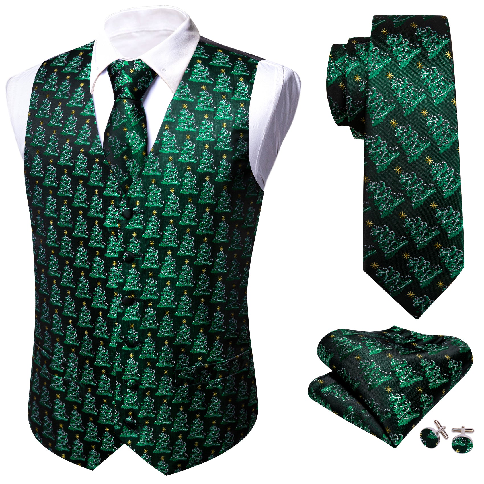 Christmas Green Tree Silk Tie Waistcoat Vest Hanky Cufflinks Set