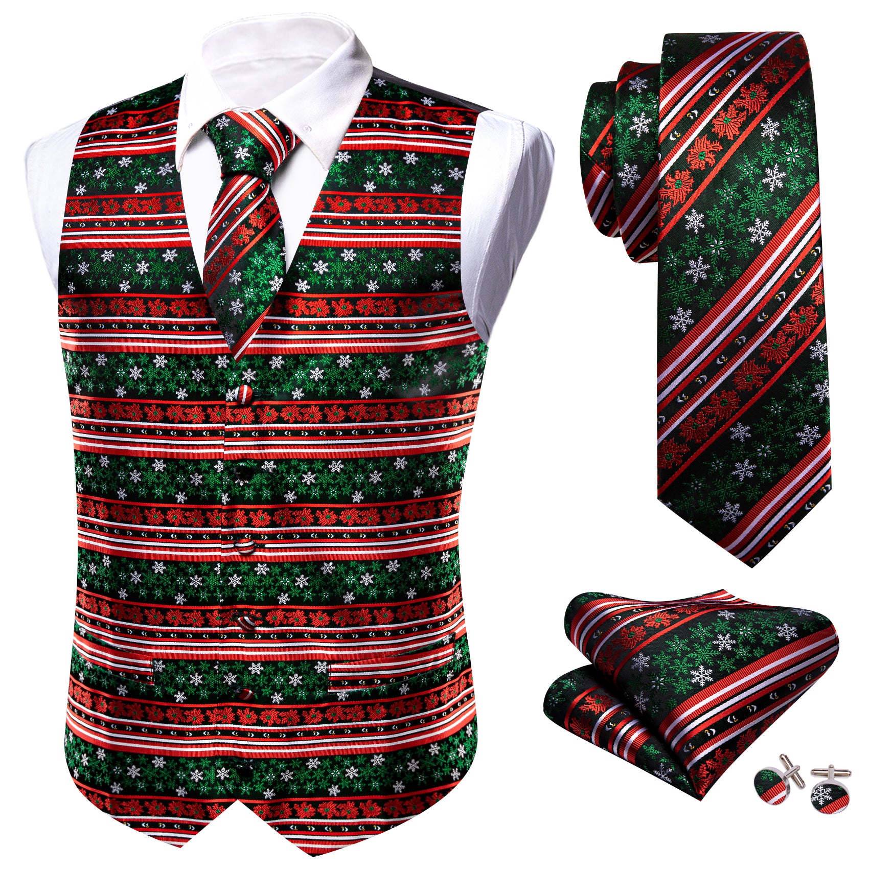 Barry.wang Men's Vest Red Green Christmas Element Silk Tie Vest Set