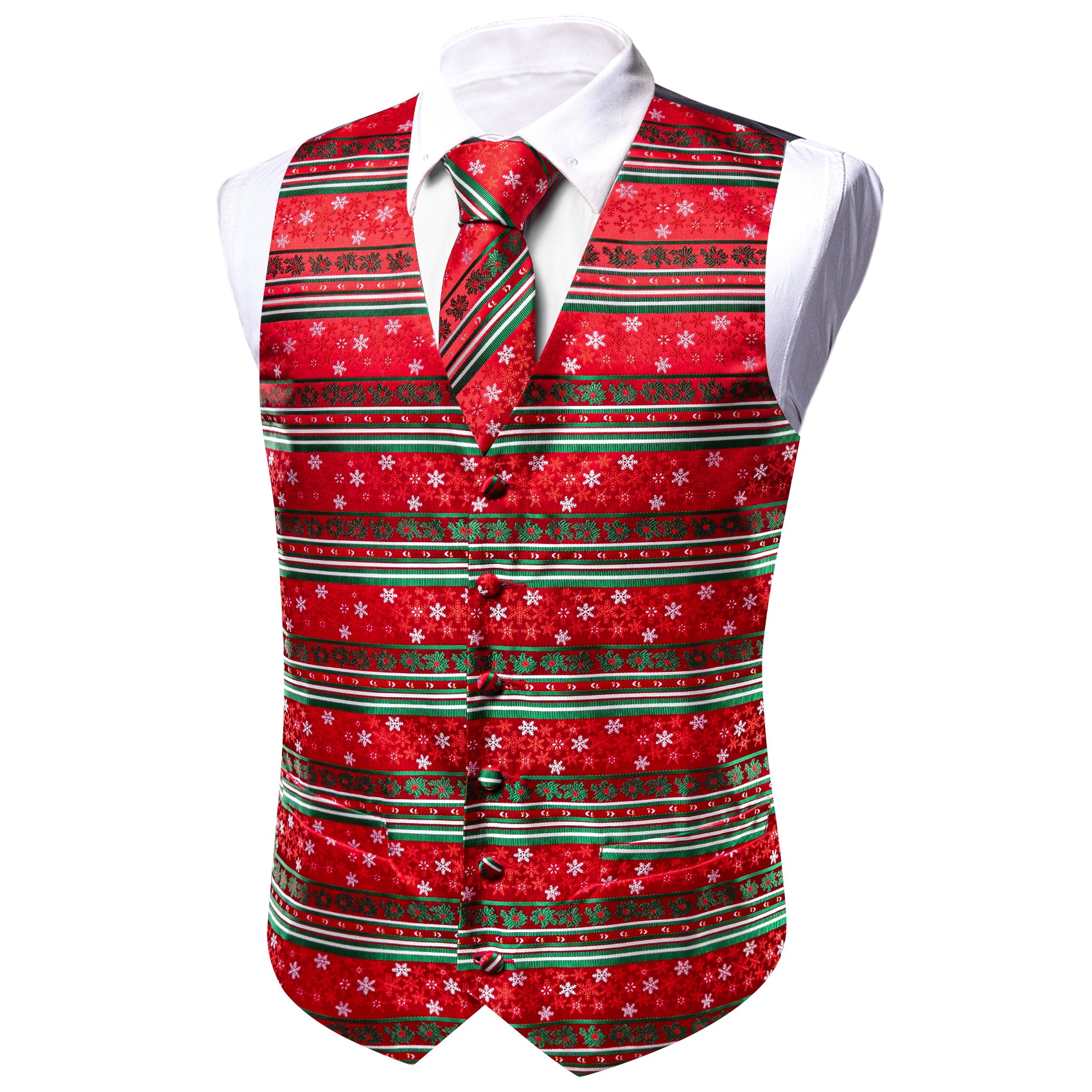 Christmas Element Striped Silk Tie Waistcoat Vest Tie Hanky Cufflinks Set