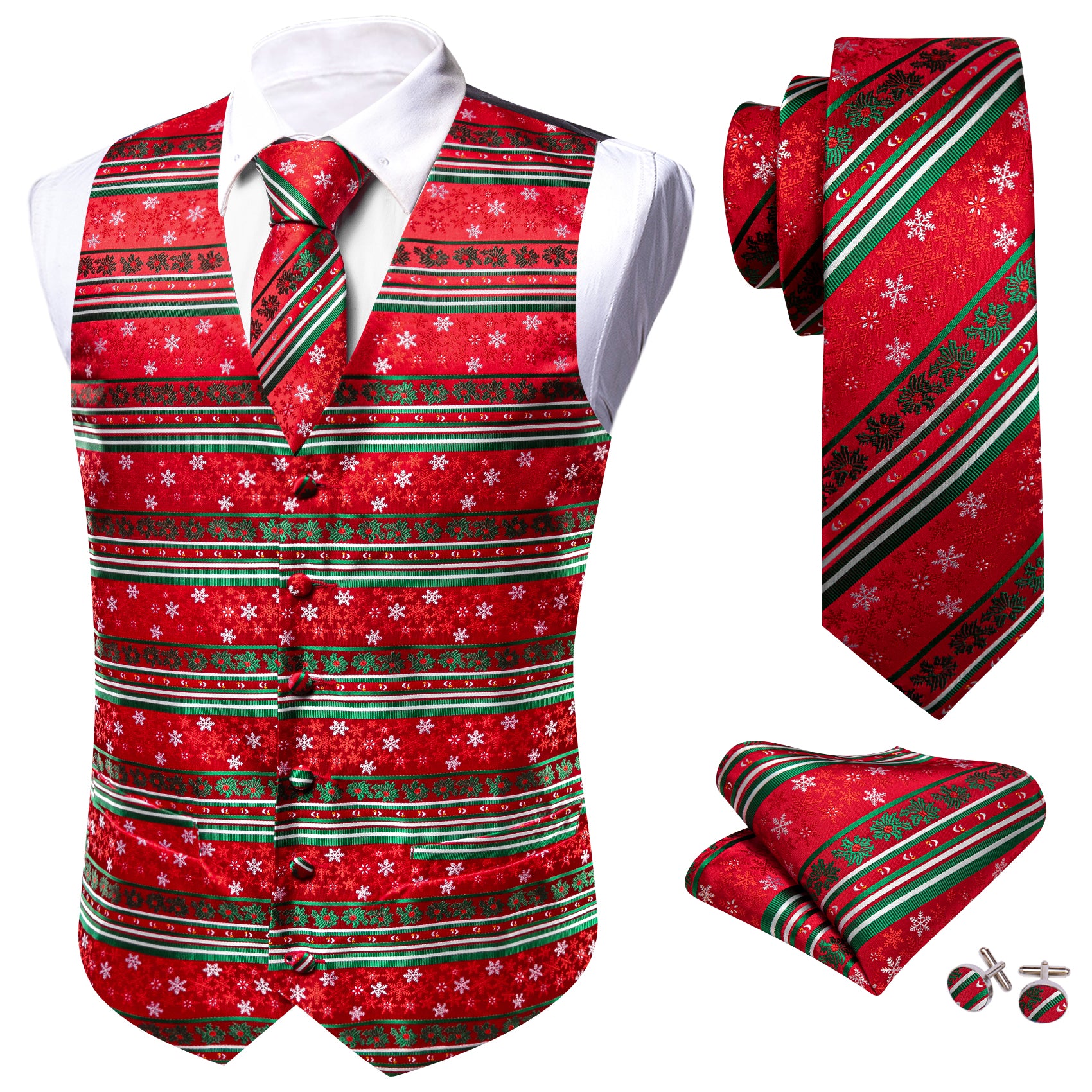 Christmas Element Striped Silk Tie Waistcoat Vest Tie Hanky Cufflinks Set