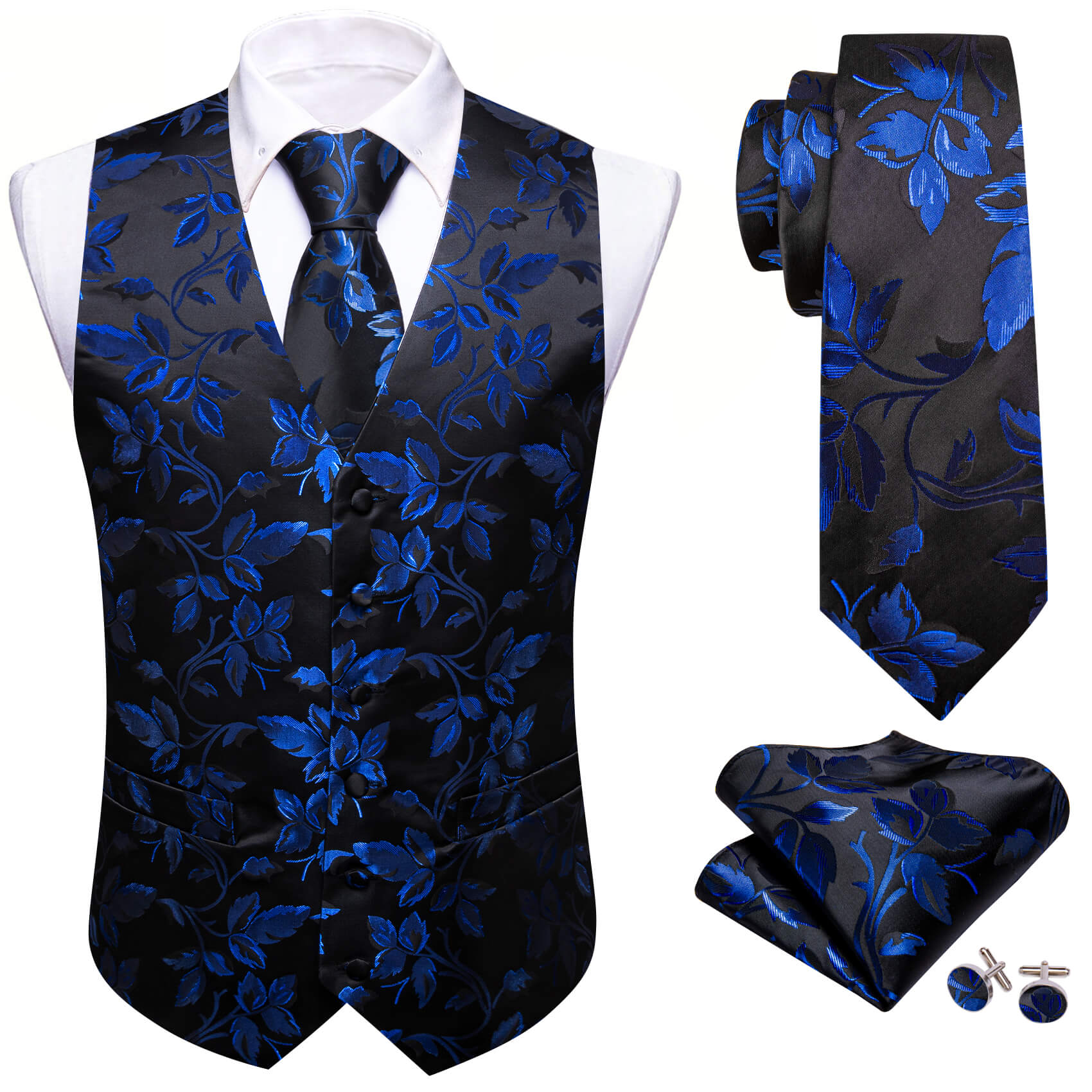 Barry Wang Men's Purple Black Floral Silk Tie Waistcoat Vest Hanky Cufflinks Set