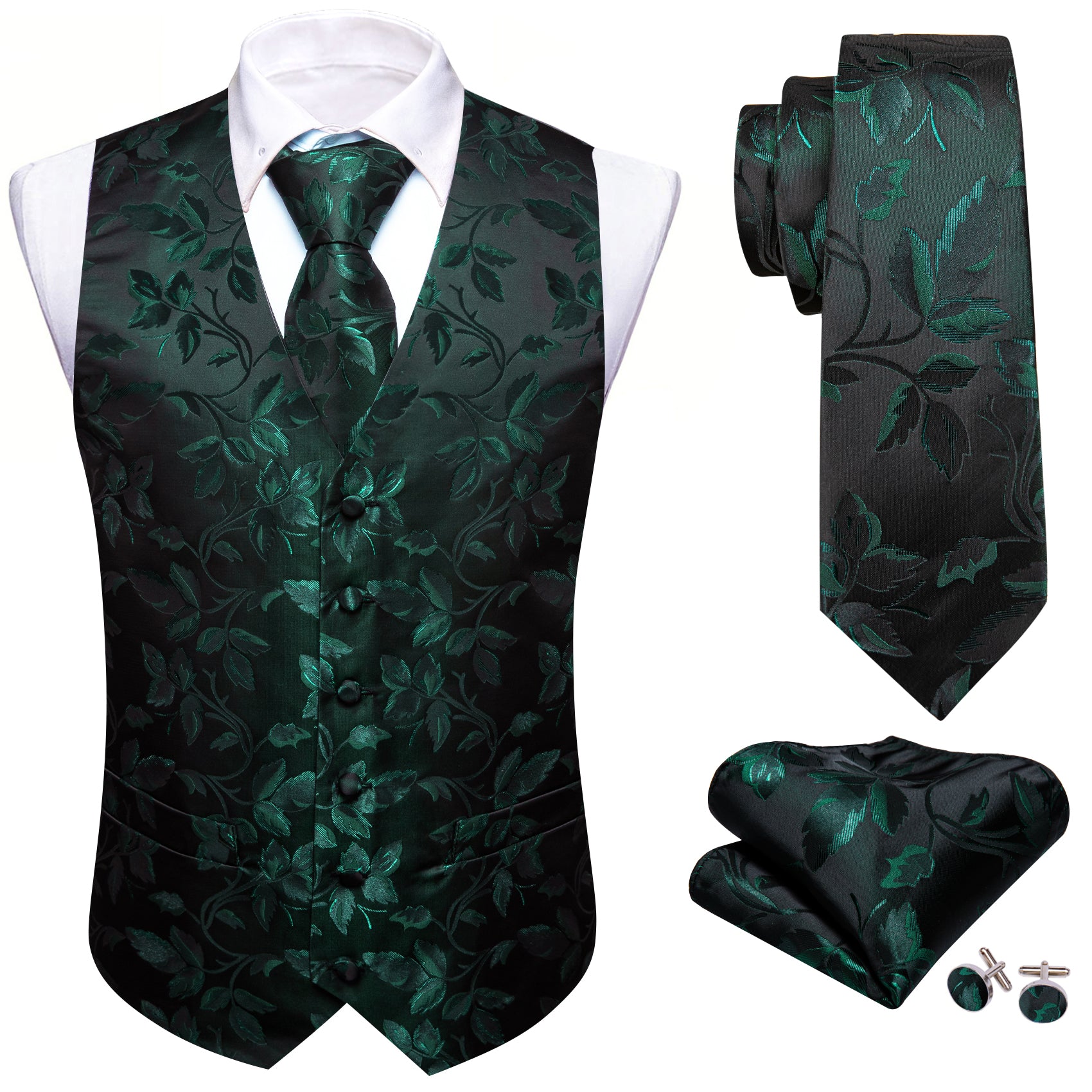 Barry Wang Men's Purple Black Floral Silk Tie Waistcoat Vest Hanky Cufflinks Set