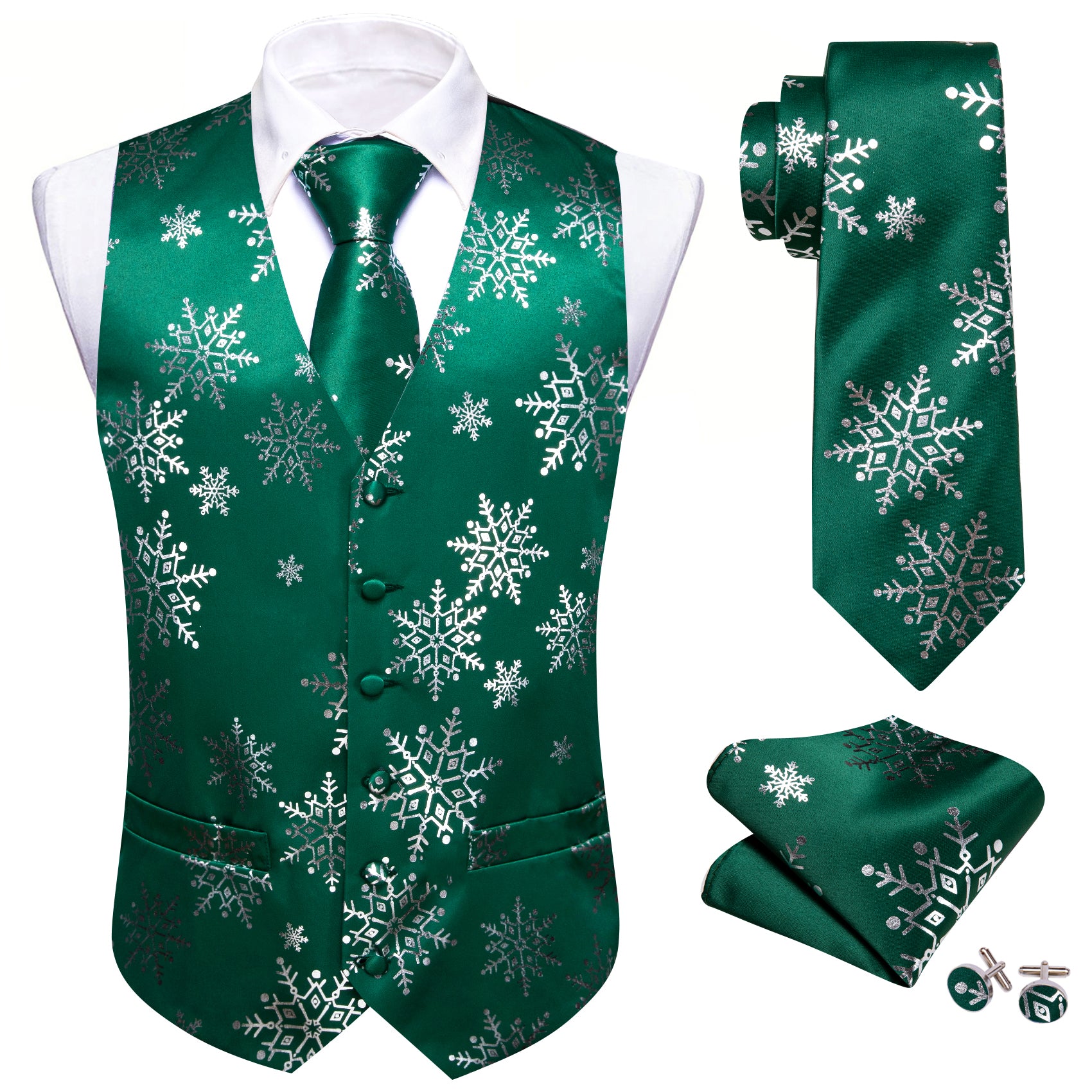 Christmas Green White Xmas Snowflake Waistcoat Vest Tie Hanky Cufflinks Set