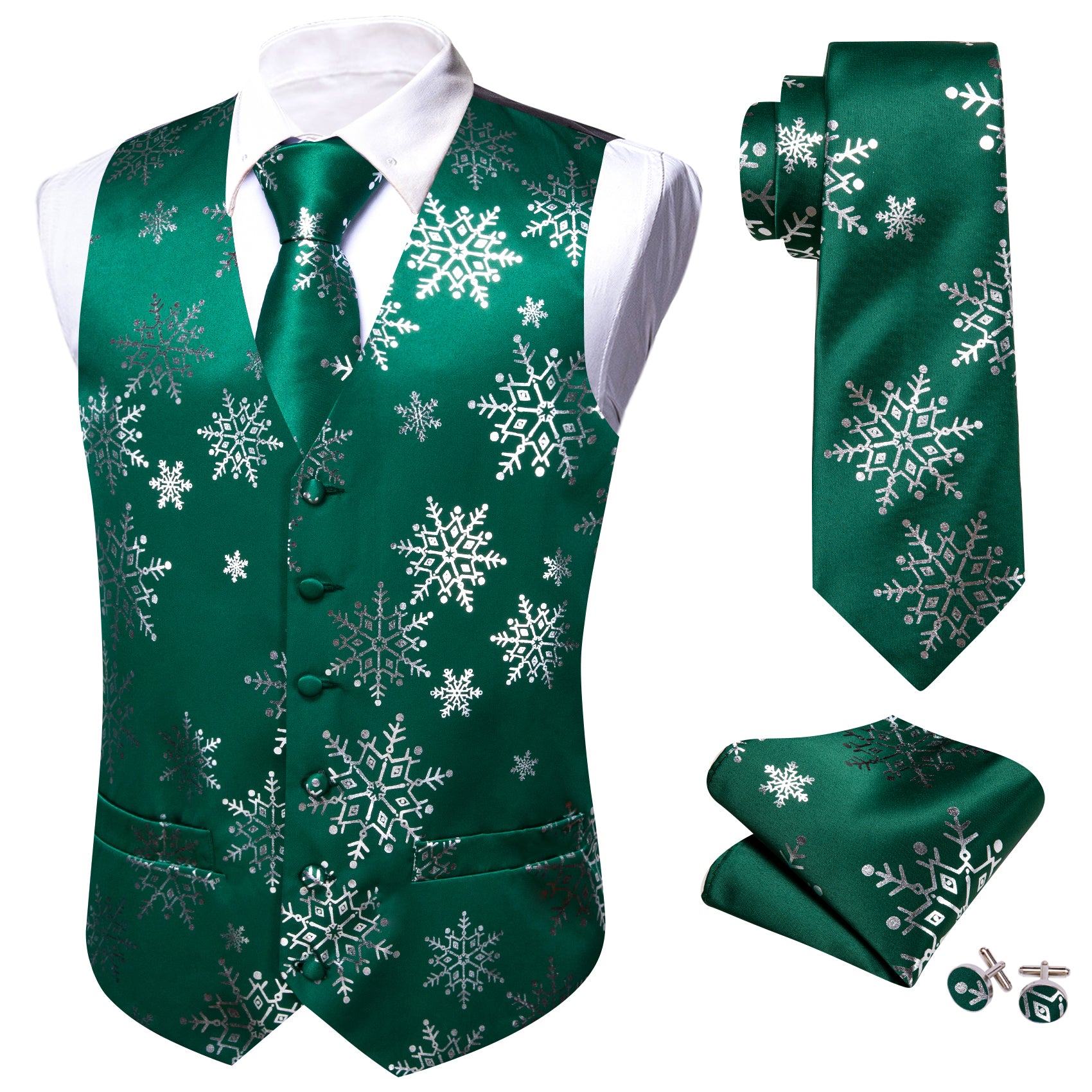 Christmas Green White Xmas Snowflake Waistcoat Vest Tie Hanky Cufflinks Set