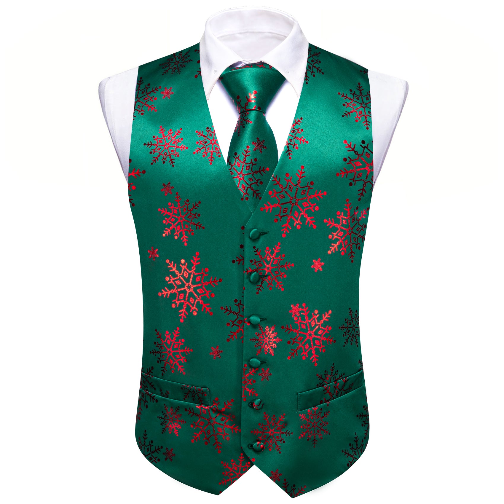 Christmas Green Red Xmas Snowflake Waistcoat Vest Tie Hanky Cufflinks Set