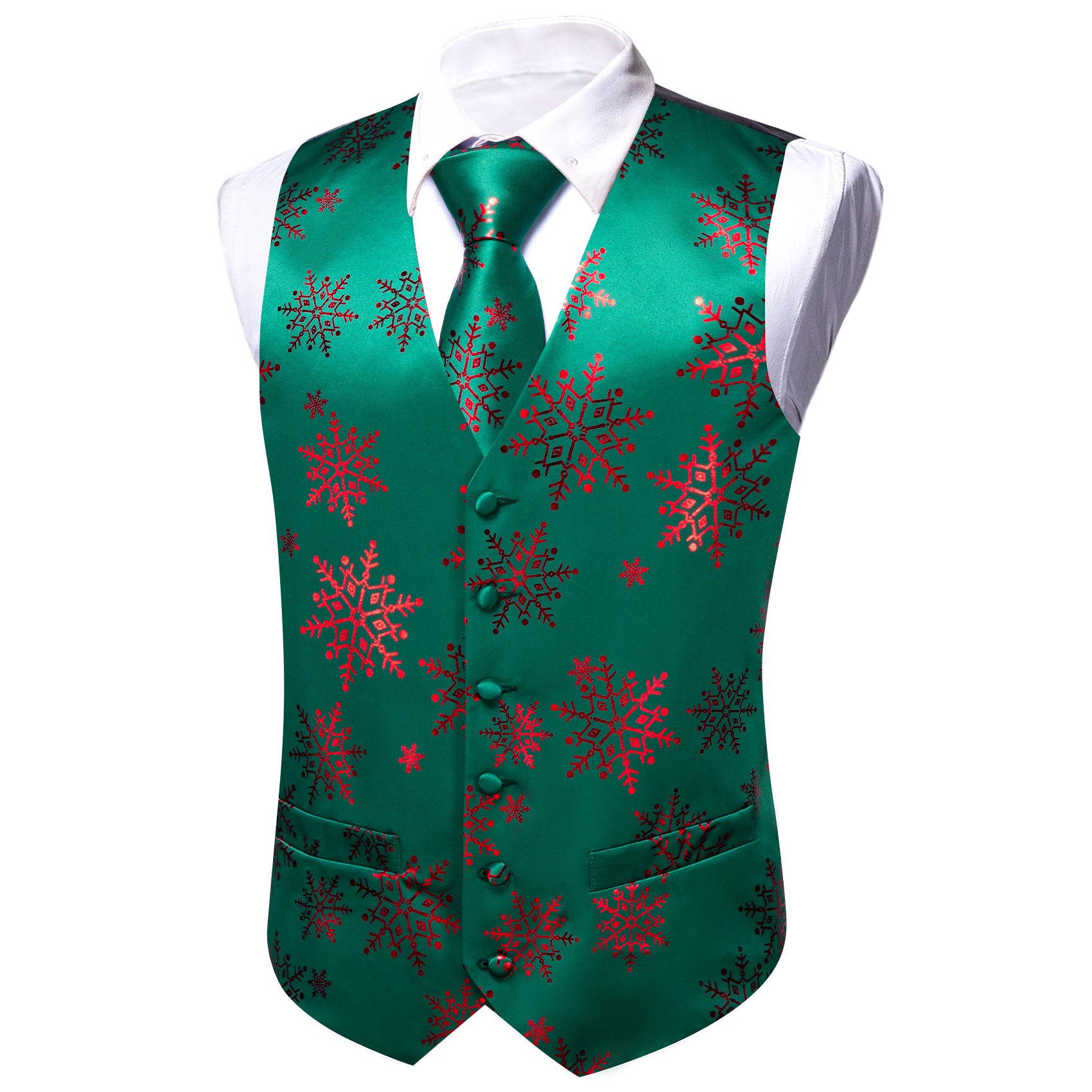 Christmas Green Red Xmas Snowflake Waistcoat Vest Tie Hanky Cufflinks Set