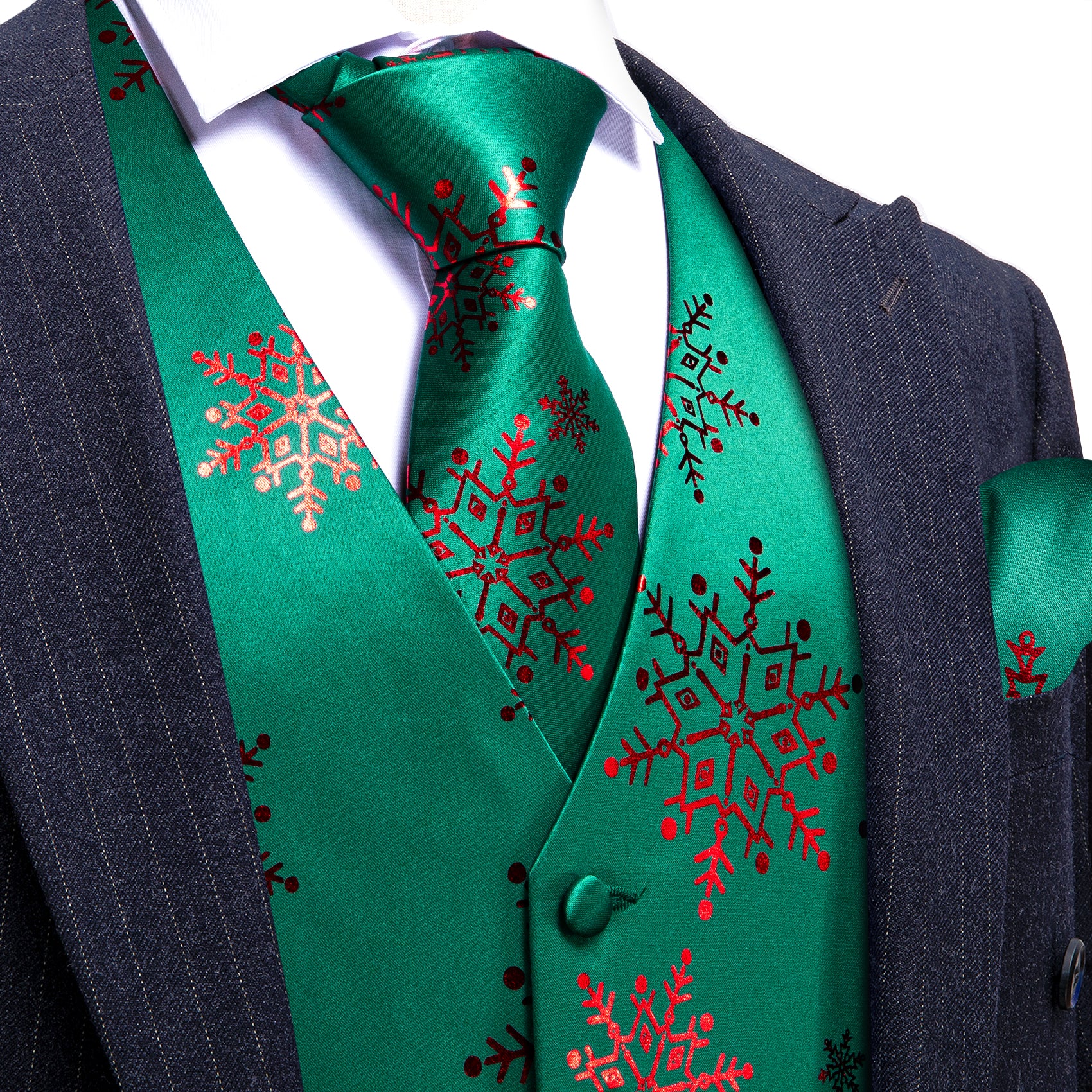 Christmas Green Red Xmas Snowflake Waistcoat Vest Tie Hanky Cufflinks Set