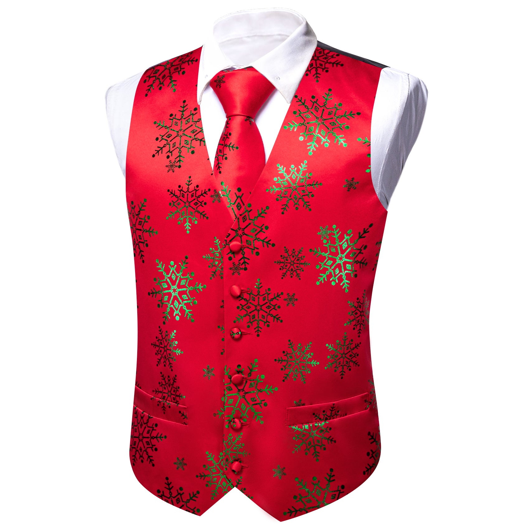 Christmas Green Red Xmas Snowflake Waistcoat Vest Tie Hanky Cufflinks Set