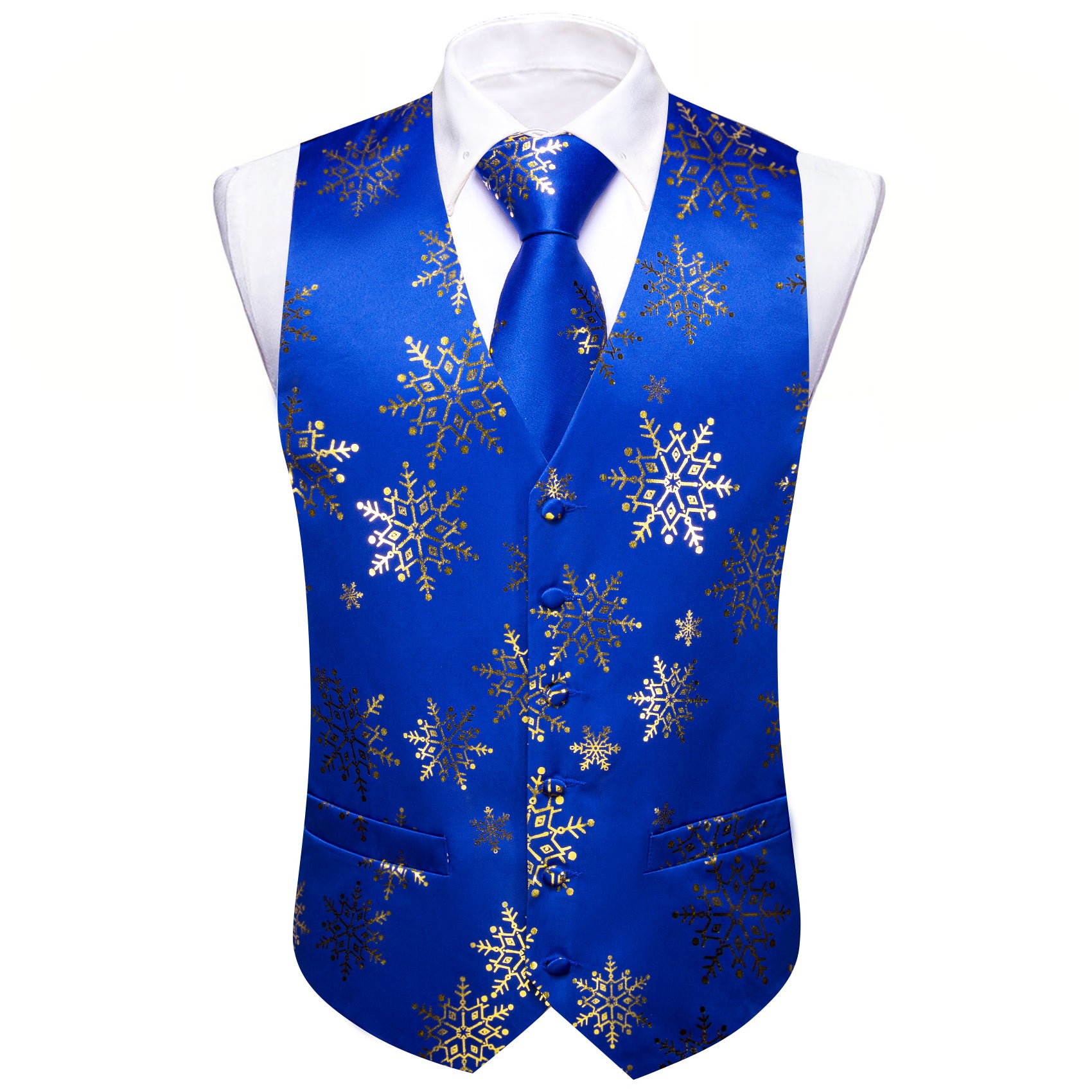 Christmas Blue Gold Xmas Snowflake Waistcoat Vest Tie Hanky Cufflinks Set