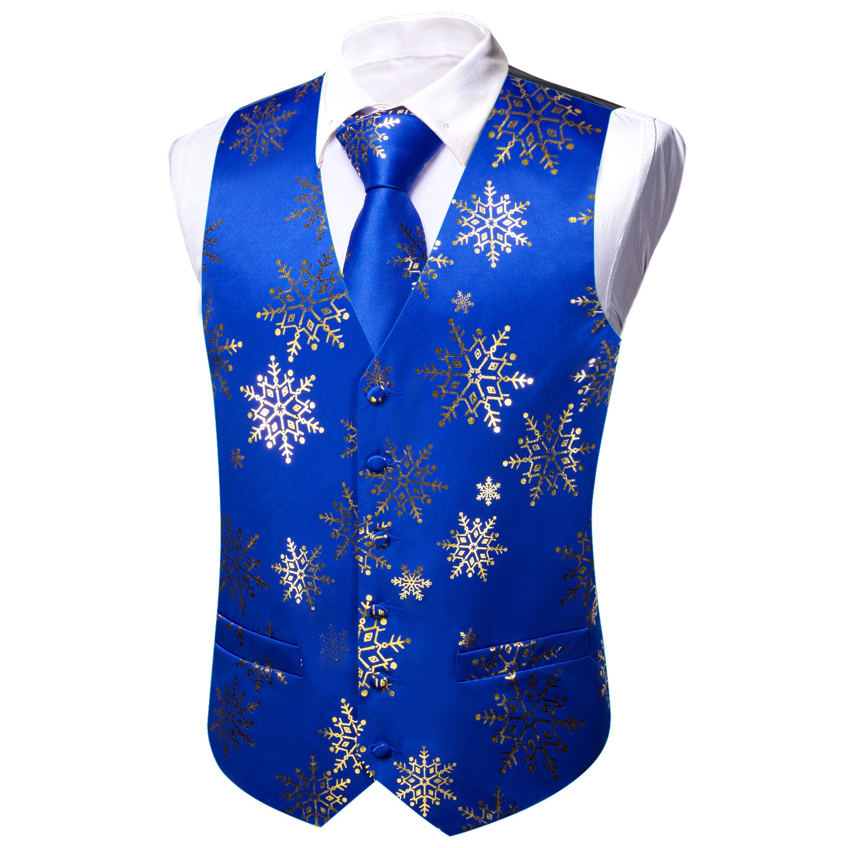 Christmas Blue Gold Xmas Snowflake Waistcoat Vest Tie Hanky Cufflinks Set