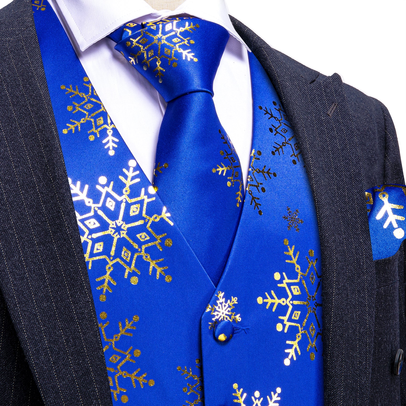 Christmas Blue Gold Xmas Snowflake Waistcoat Vest Tie Hanky Cufflinks Set