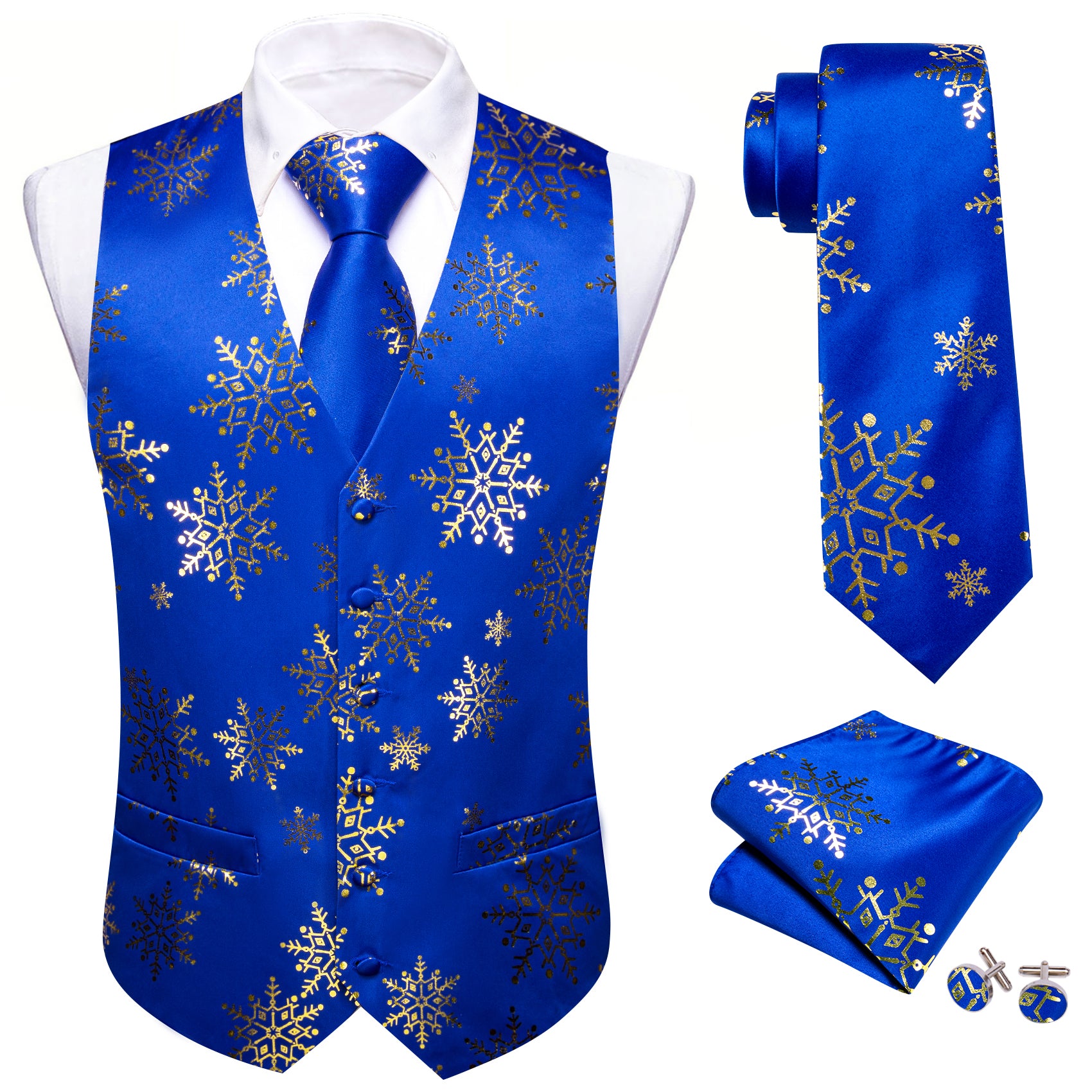 Christmas Blue Gold Xmas Snowflake Waistcoat Vest Tie Hanky Cufflinks Set