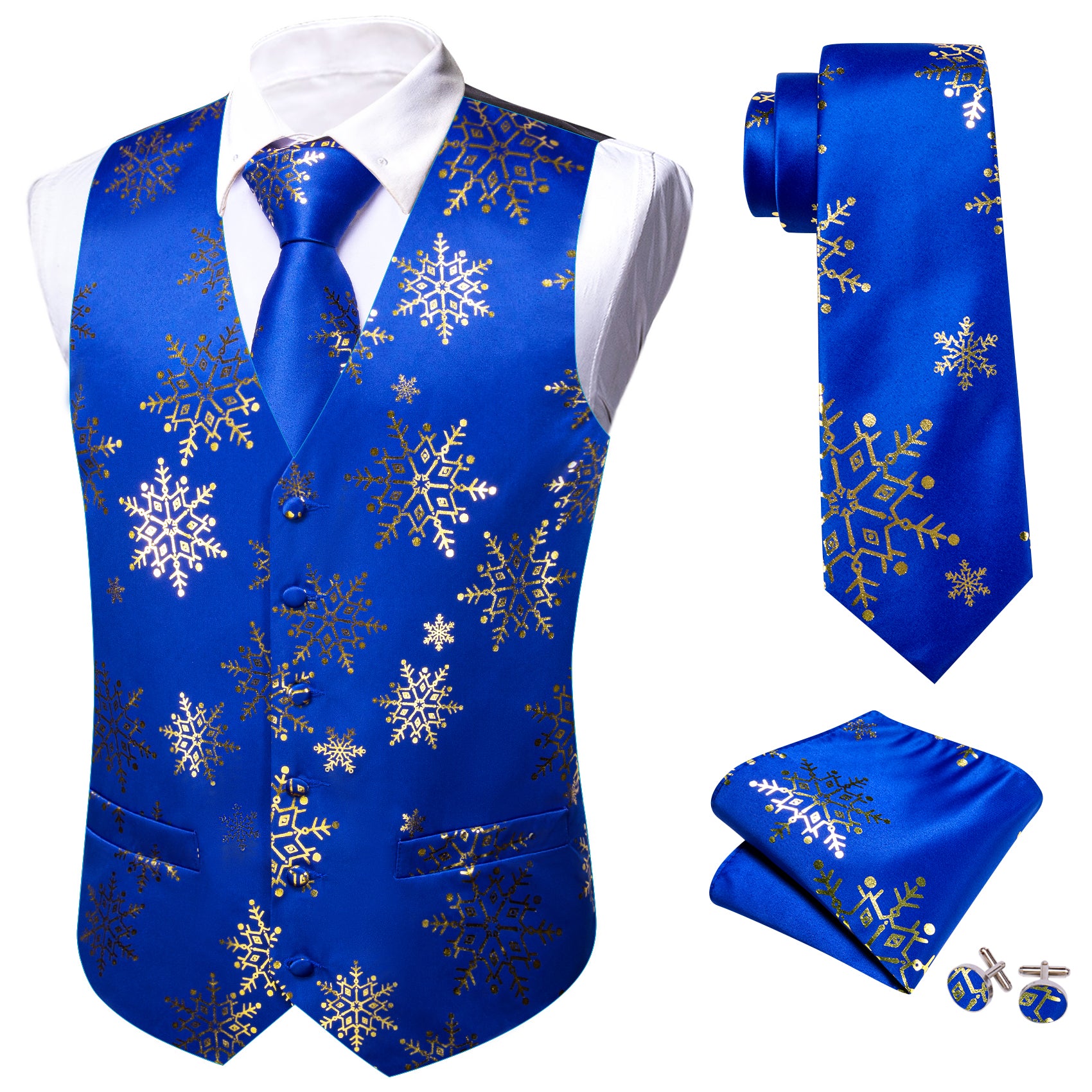 Christmas Blue Gold Xmas Snowflake Waistcoat Vest Tie Hanky Cufflinks Set