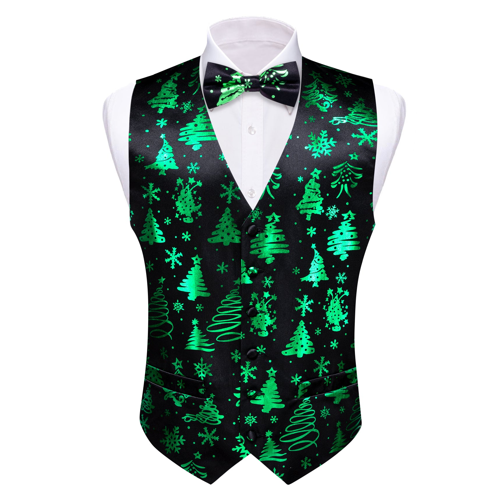 Christmas Black Green Xmas Tree Waistcoat Vest Bowtie Hanky Cufflinks Set