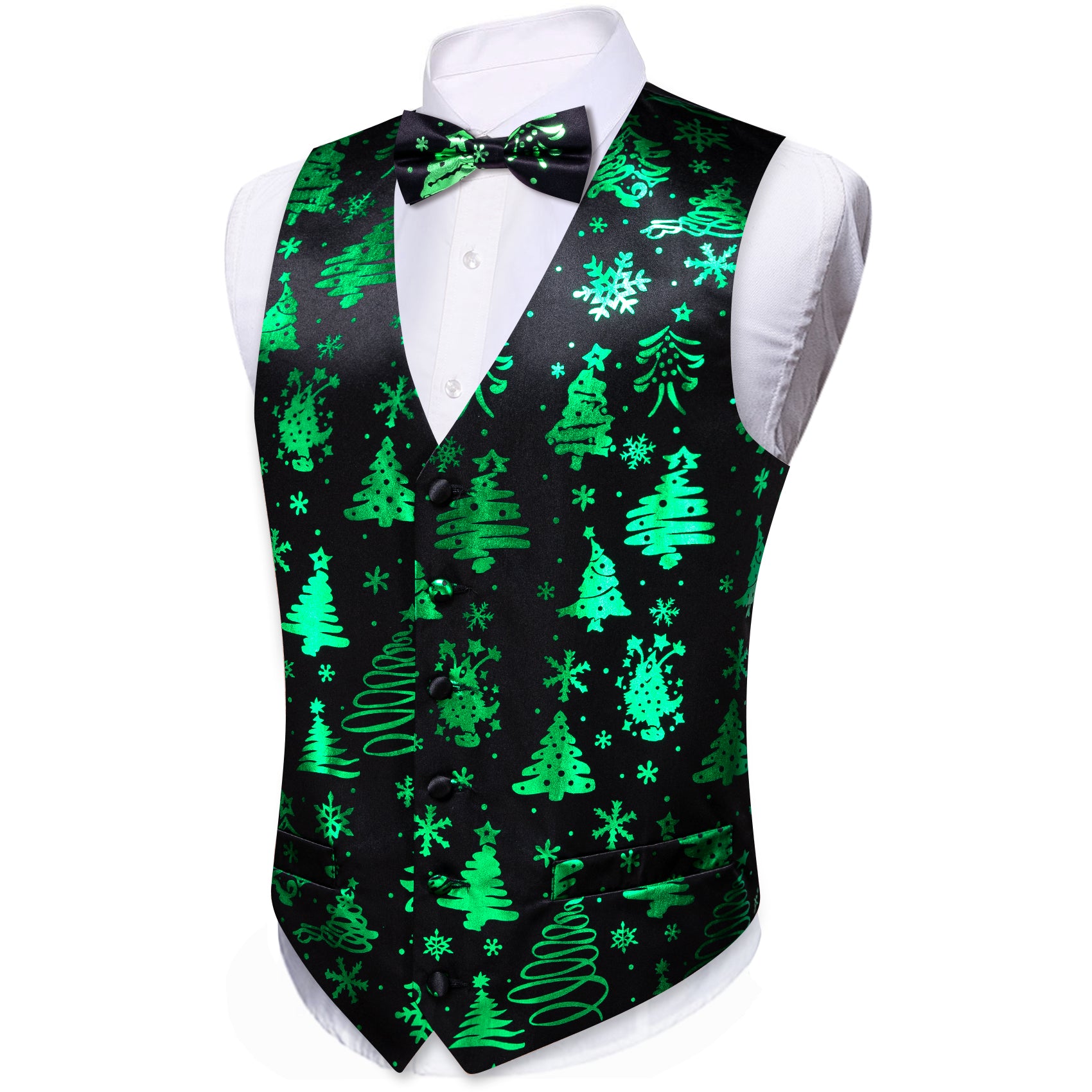 Christmas Black Green Xmas Tree Waistcoat Vest Bowtie Hanky Cufflinks Set