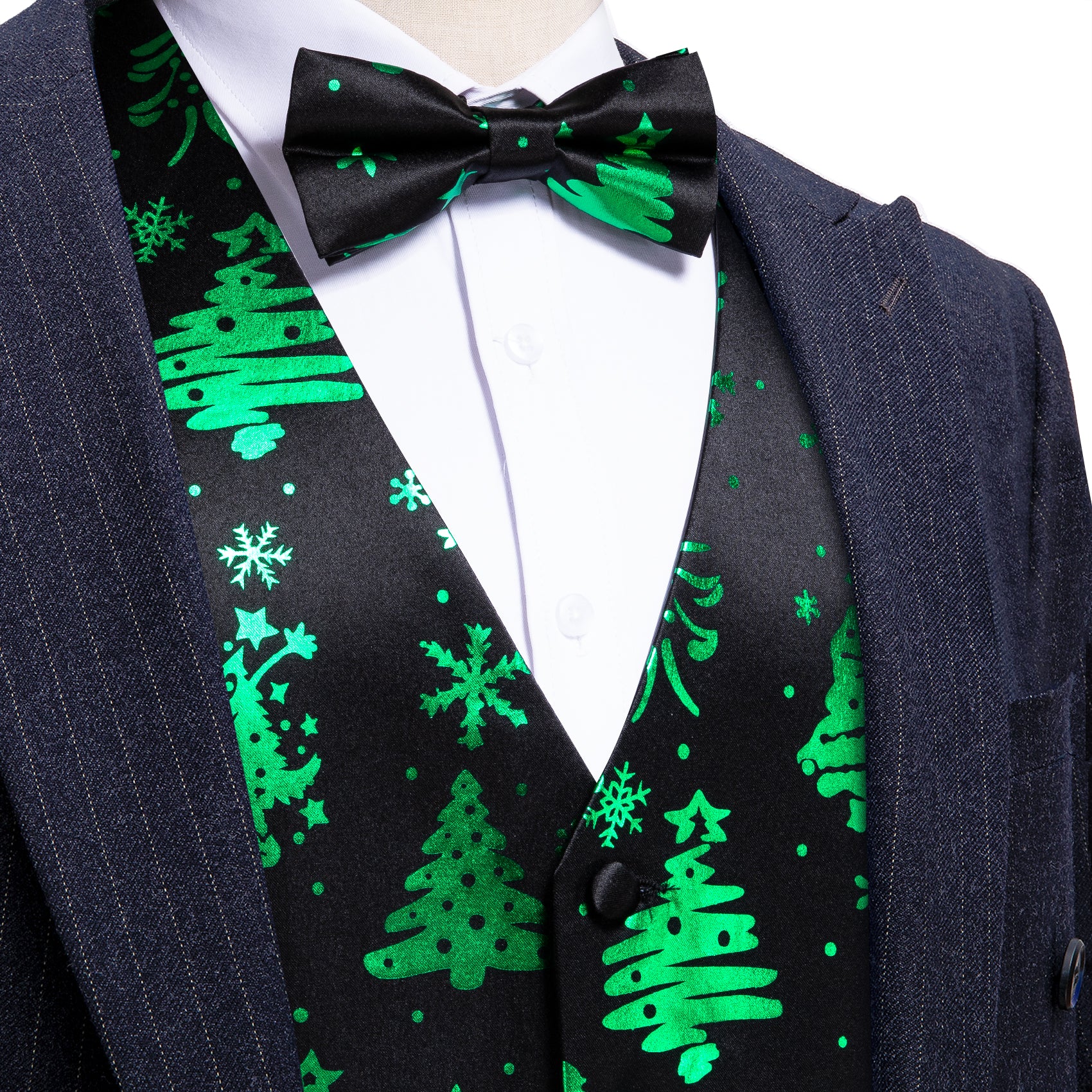 Christmas Black Green Xmas Tree Waistcoat Vest Bowtie Hanky Cufflinks Set