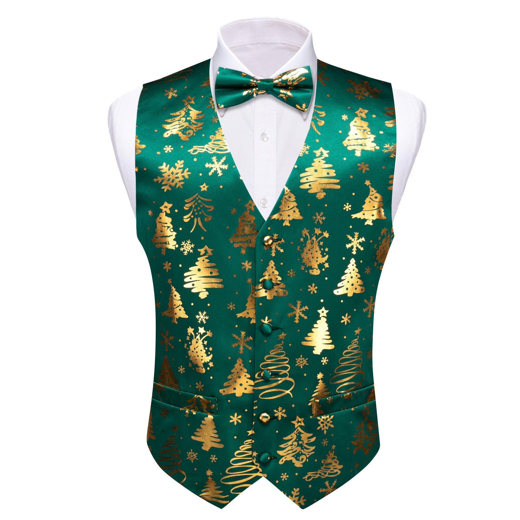 Christmas Green Gold Xmas Tree Bowtie Waistcoat Vest Set