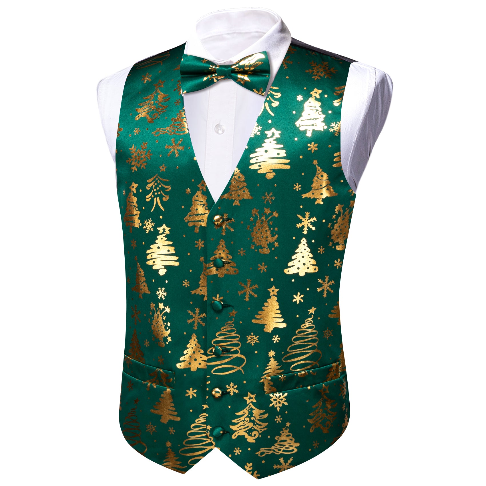 Christmas Green Gold Xmas Tree Bowtie Waistcoat Vest Set