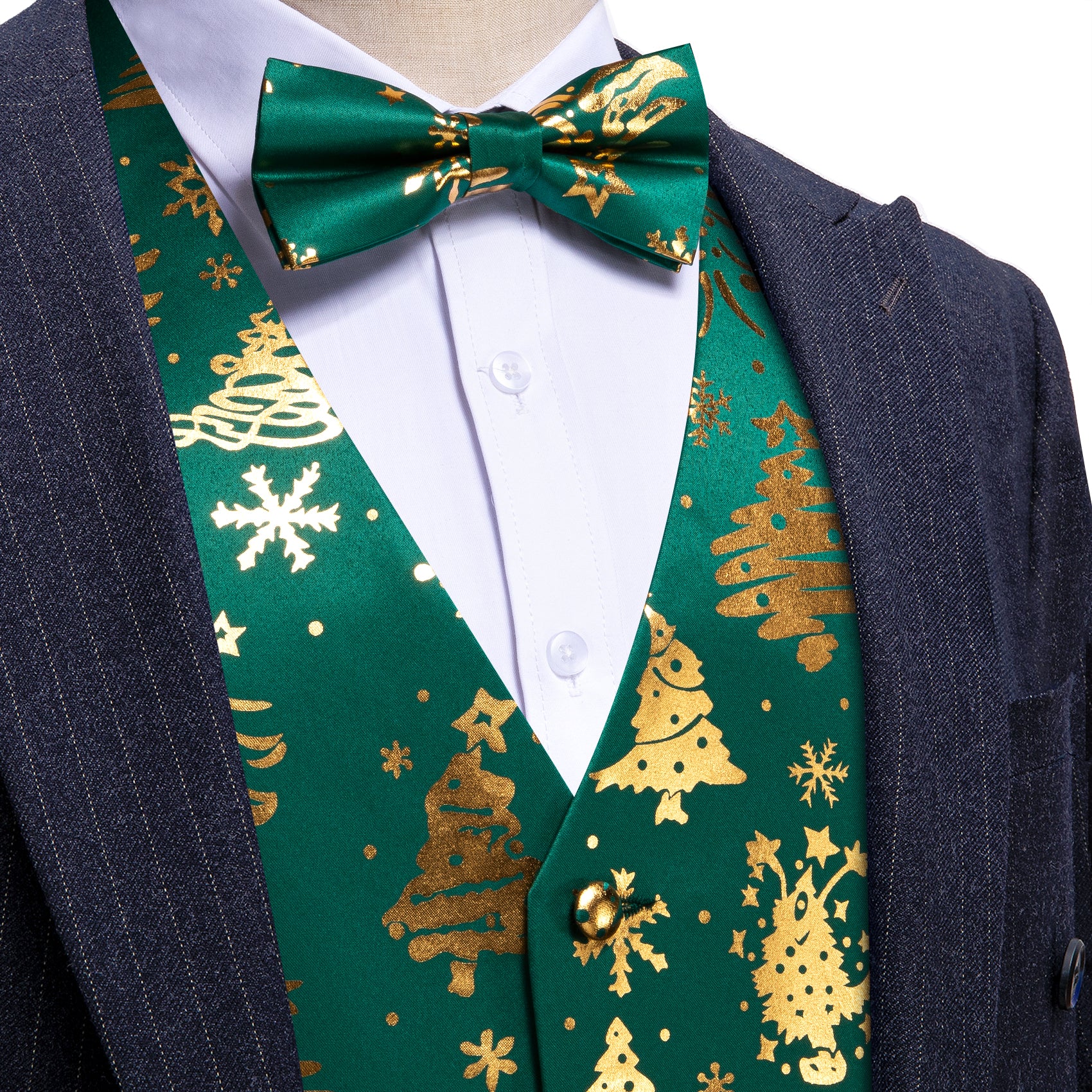 Christmas Green Gold Xmas Tree Bowtie Waistcoat Vest Set