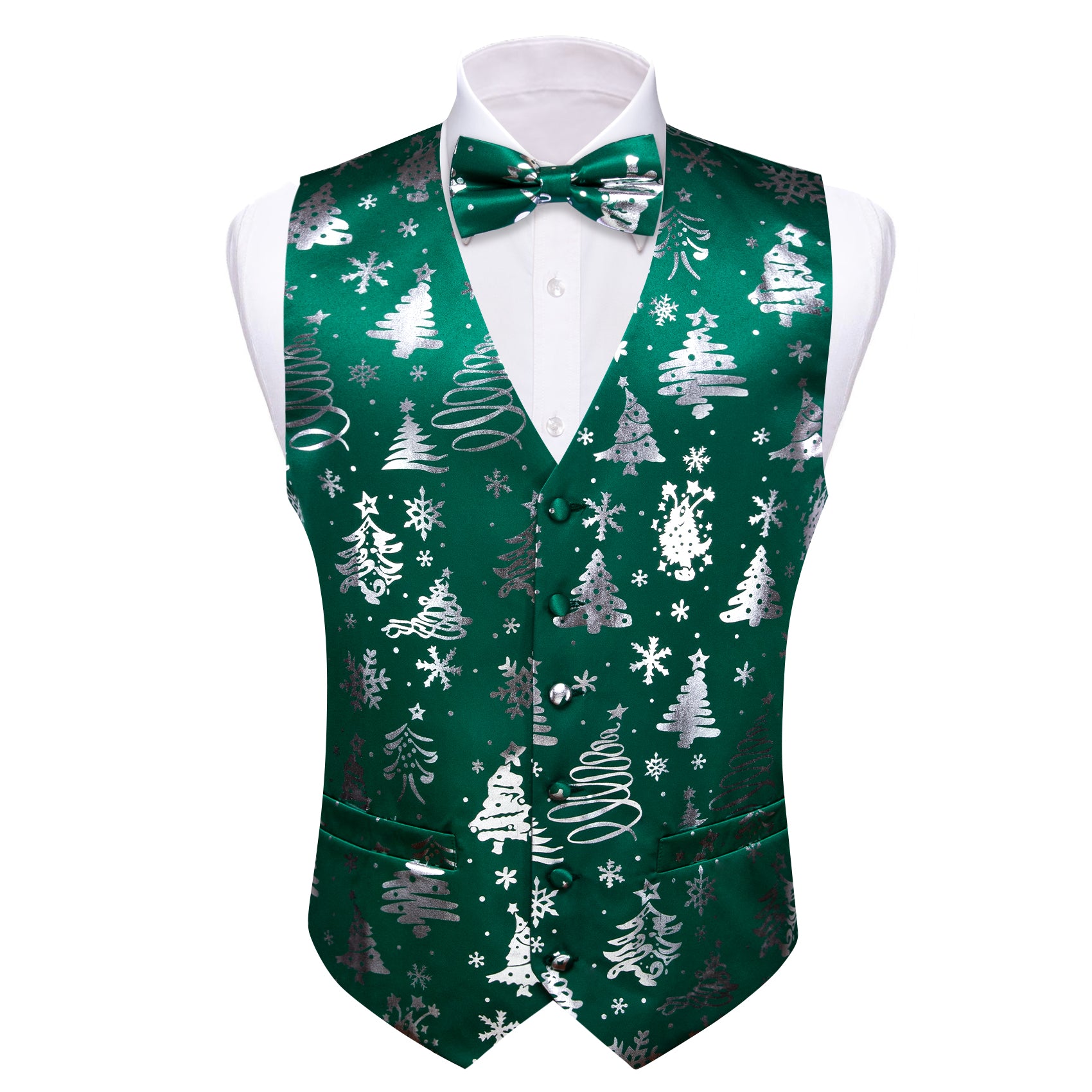 Christmas Green White Xmas Pattern Waistcoat Vest Bowtie Set